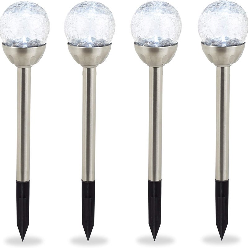 Zestaw 4 lamp ogrodowych solarnych w kształcie kryształowej kuli z efektem kredy, wodoodpornych, srebrno-białych.