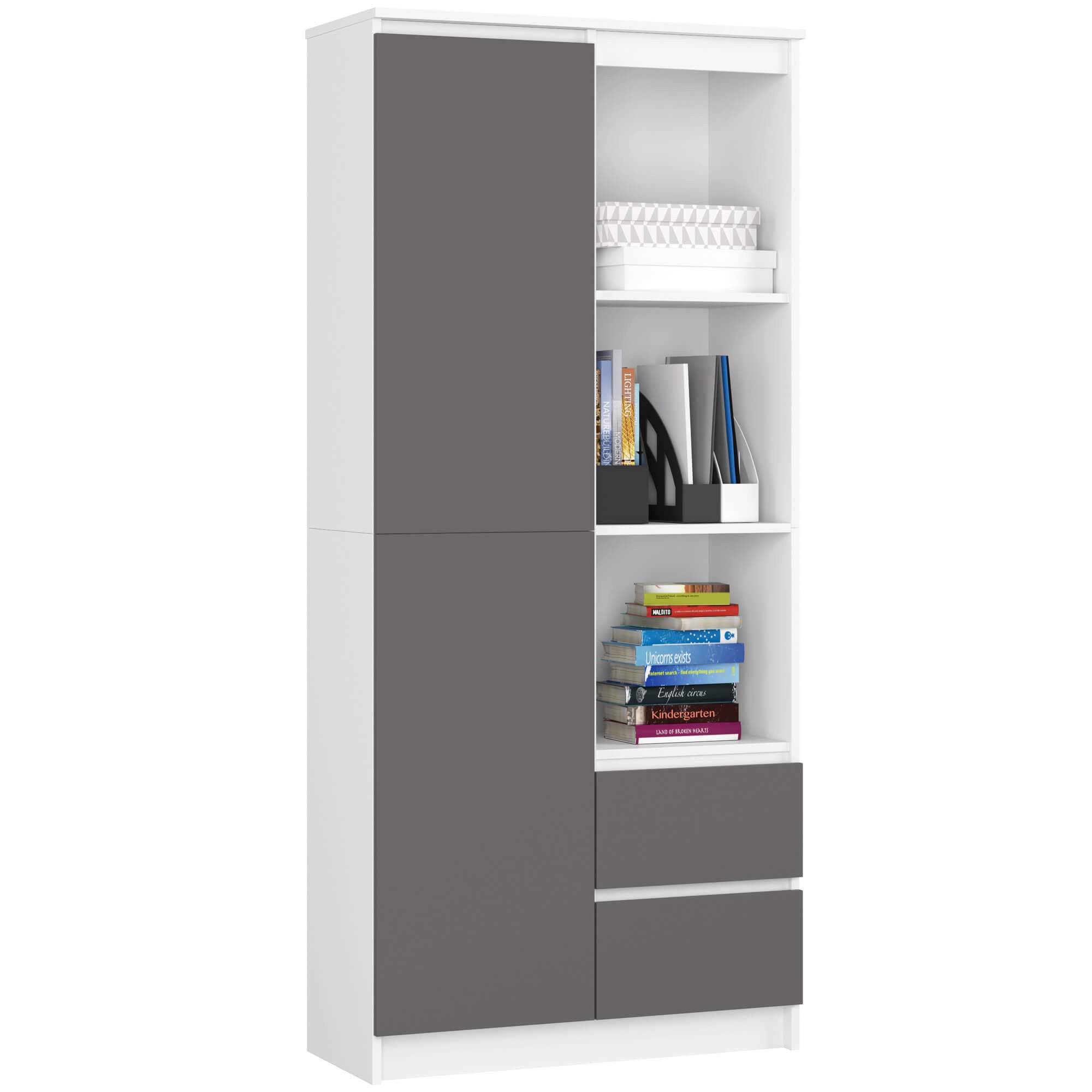 Regał AKORD R11 Biały 80 cm 1 drzwi 2 szuflady kolor Grafit Szary mat 7 półek 80x35x180 cm