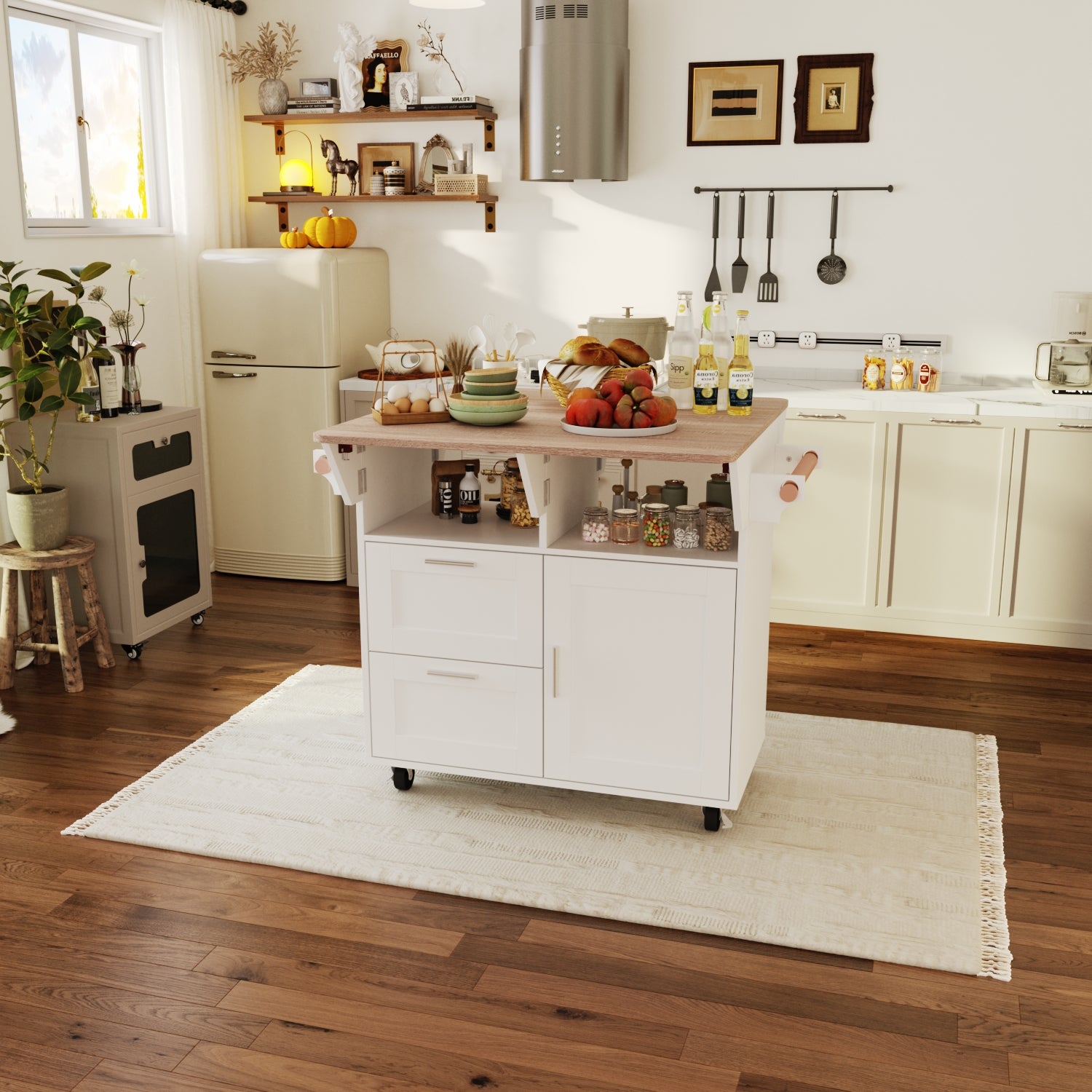 Îlot Central de Cuisine avec Plan de Travail Rabattable, 2 Tiroirs et Porte, Desserte de Cuisine à Roulette, 80x80x80.5, Blanc - 7