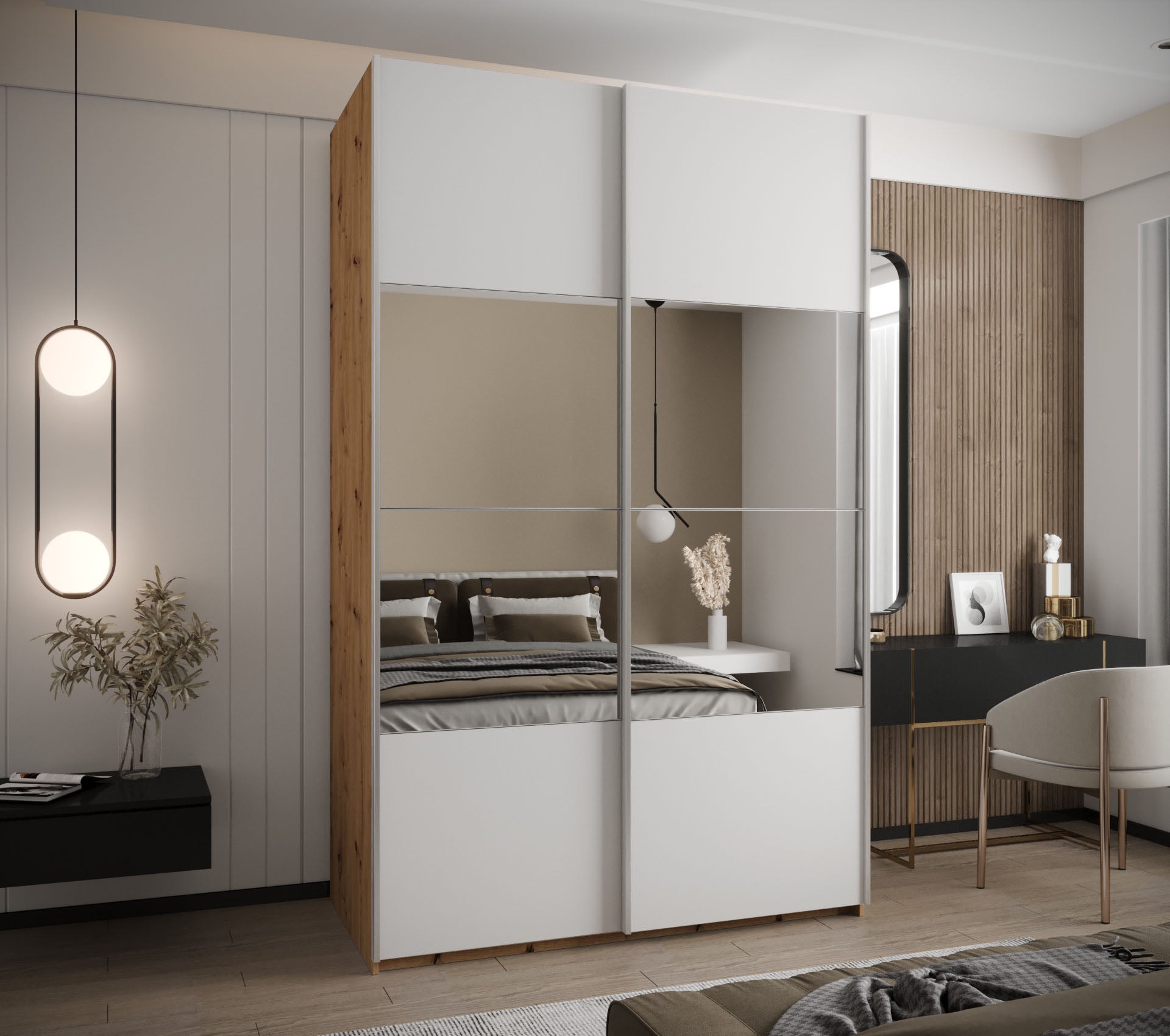 Szafa przesuwna wysoka Lux 4 160 x 64 x 245,5 cm artisan + biały + u. srebrny - Abiks Meble - 2