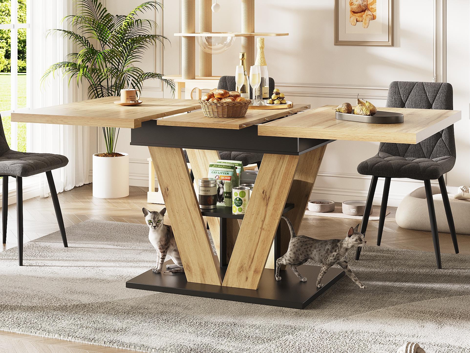 Rozkładany stół jadalny 110/140x80x75 cm - 6 miejsc - MDF + metal - Naturalny