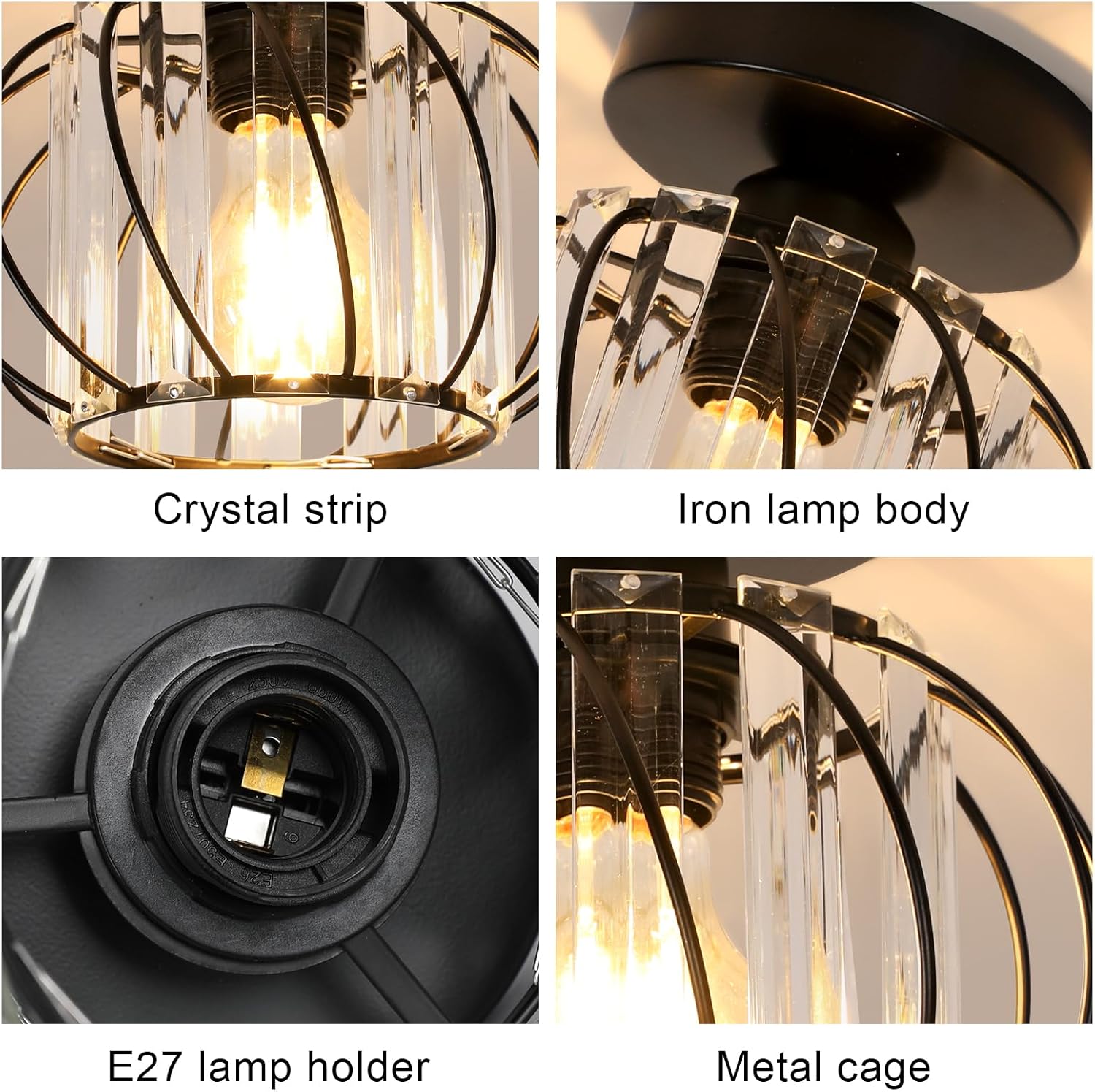 Plafonnier cristal moderne E27 LED mini lustre – noir – cuisine, salle à manger, chambre, couloir, entrée - 3