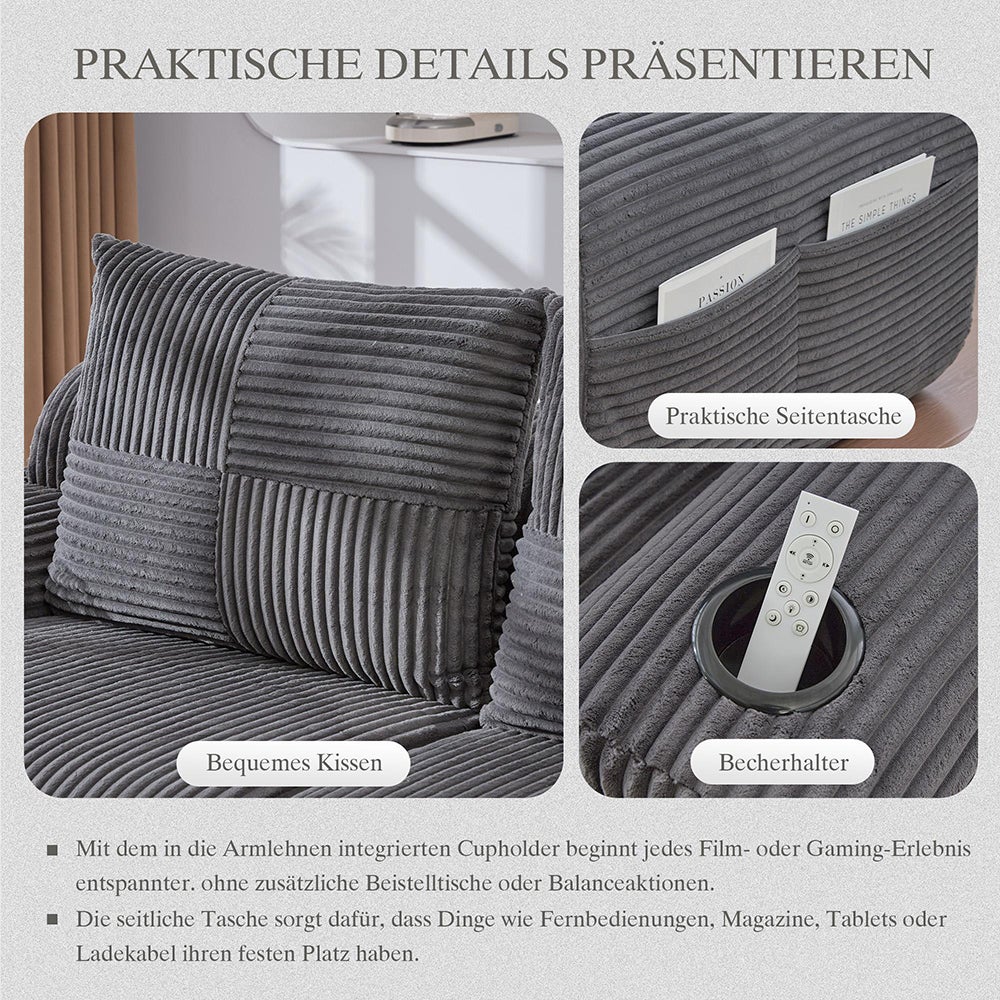 Canapé 2 places 200 cm - Canapé modulable avec accoudoirs - Porte-gobelets - Sans montage - Tissu velours côtelé - Gris foncé - 5