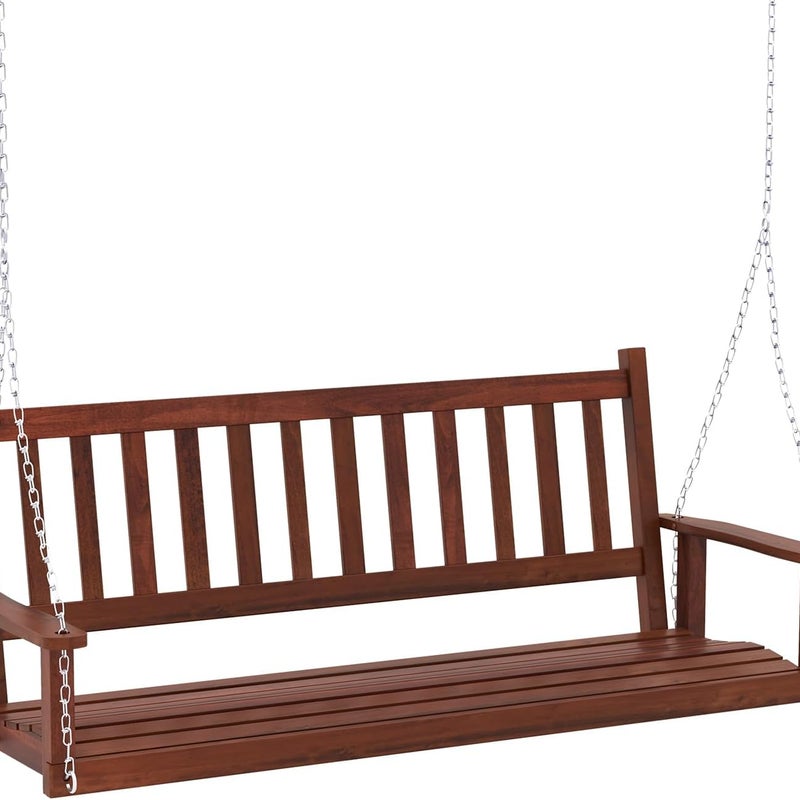 Huśtawka Ogrodowa 2/3-Osobowa na Zewnątrz, Krzesło Hamakowe z Drewnianym Siedziskiem i Regulacją Łańcuchów, 230/360 kg (168 x 65 x 63 cm, Brązowa)