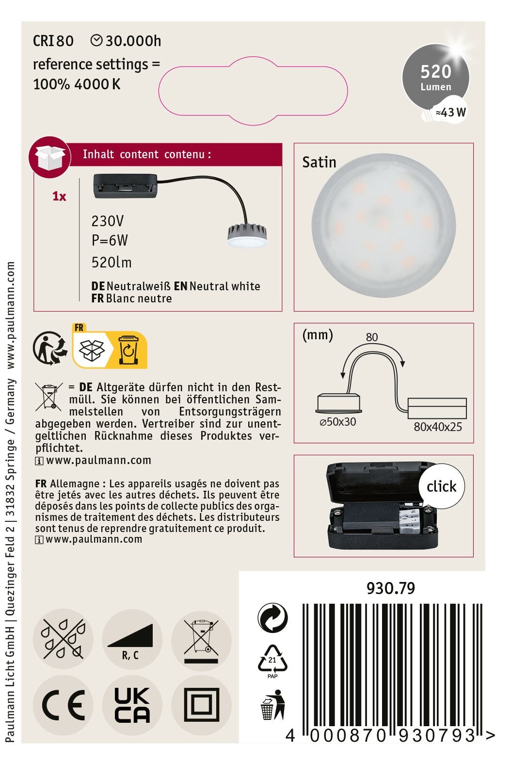 Spot encastré modulaire LED Nova Plus Coin rond 50mm Coin 6W 530lm 230V gradable 4000K Satiné - 7