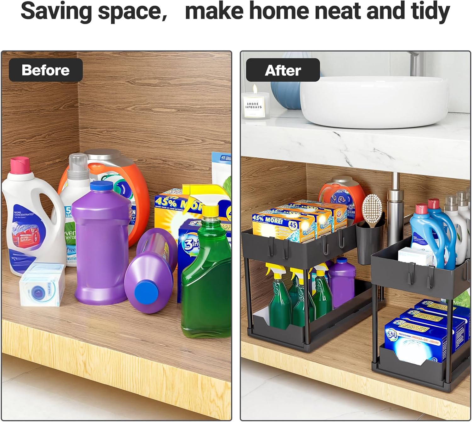 Mueble de almacenamiento bajo fregadero de 2 niveles con cajones deslizantes, organizador polivalente para cocina y baño – Negro - 3