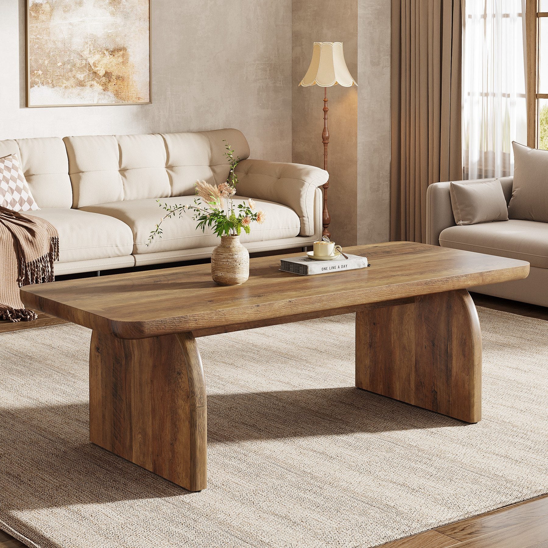 Tribesigns 120 cm Table basse rectangulaire , style fermier en bois avec base stable et coins arrondis, brun rustique, facile à monter - 4