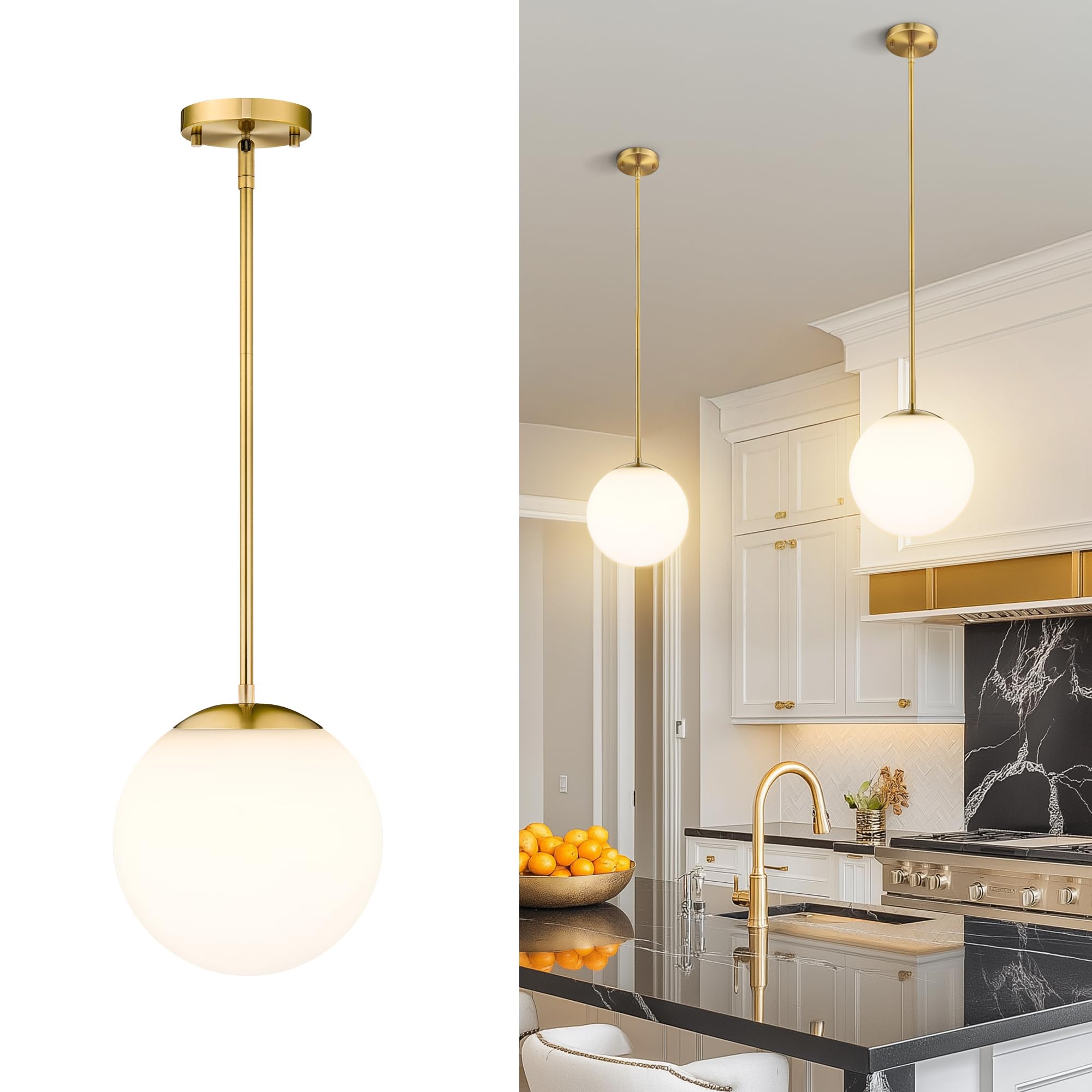 Luksusowy żyrandol LED, lampa wisząca w stylu Mid-Century z żarówką i szklanym kloszem, regulowany plafon z prętem, ciepłe światło 3000K (φ15 cm)