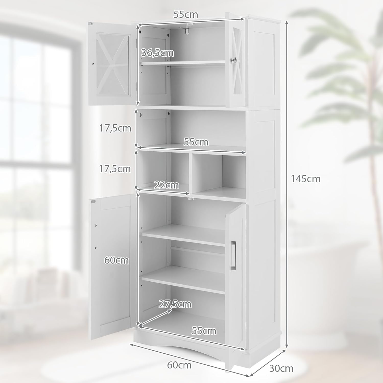 Armario de Baño de 145 cm de Altura, Armario Independiente con Puertas Acrílicas y Estantes Ajustables, 3 Compartimentos Abiertos, Organizador de - 2