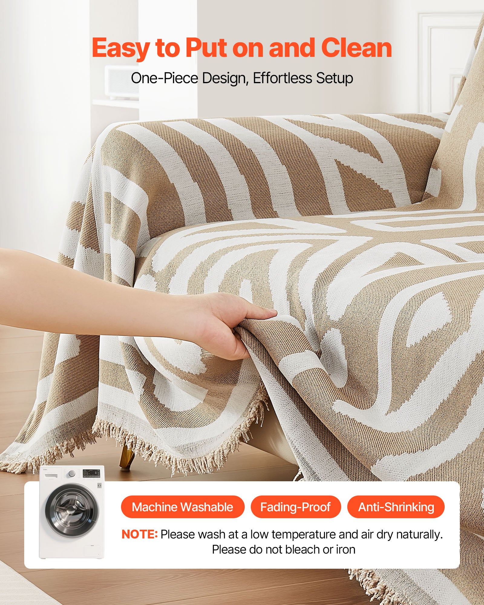 Copridivano 299 x 181 cm,VEVOR Stile Boho in Chenille Antiscivolo,Lavabile e Antigraffio,Protezione per Divano 2 Posti,Cachi - 6