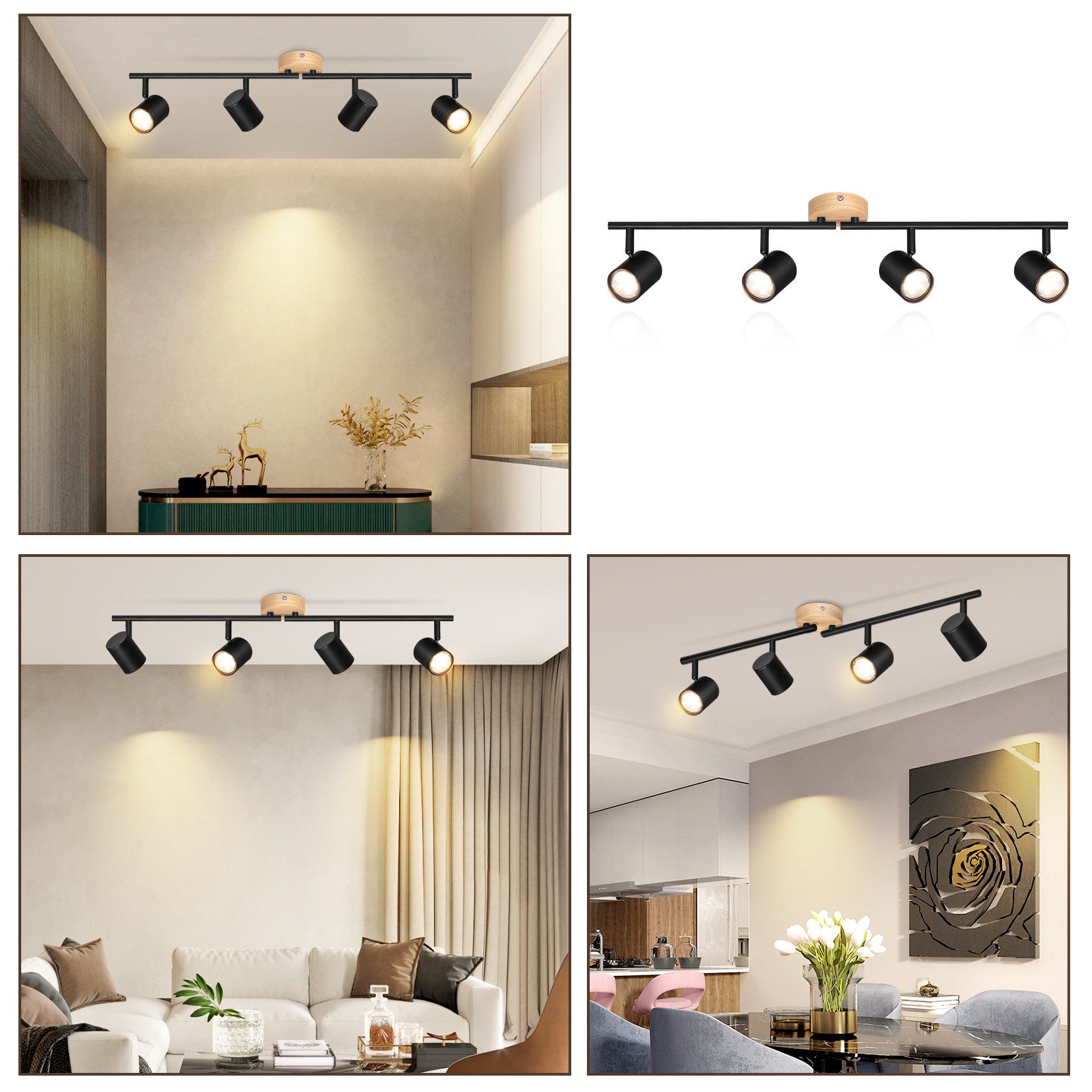 NETTLIFE Plafón LED de 4 llama - Plafón GU10 negro Foco giratorio Aplique de madera Foco de pared para salón dormitorio Sin bombilla - 7