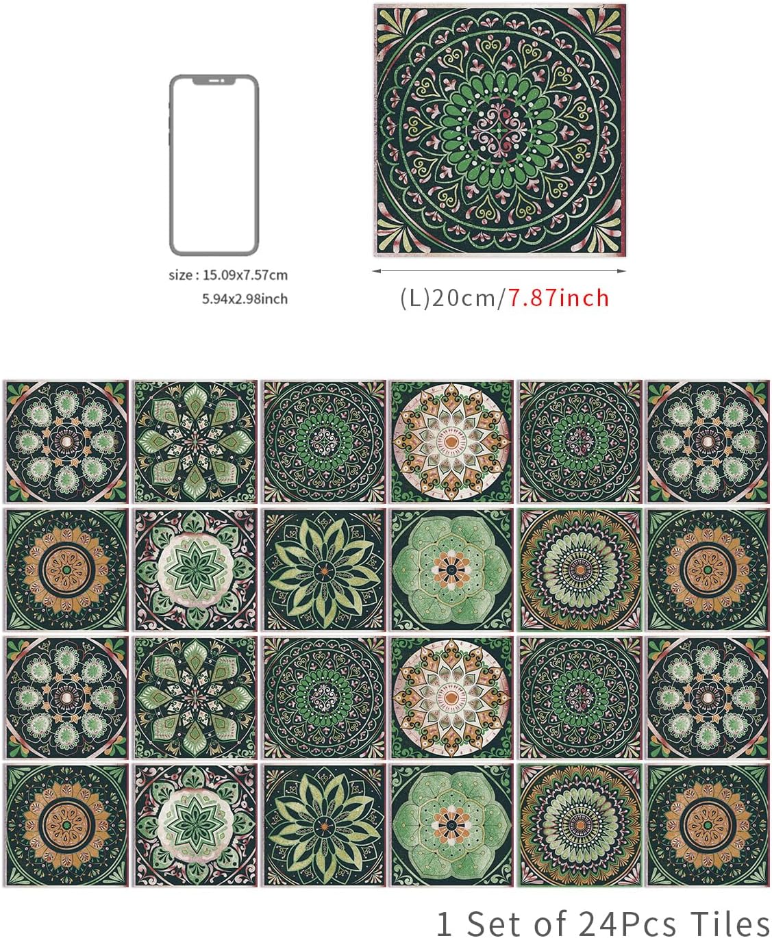 Zestaw 24 naklejek na płytki w stylu marokańskim, w kolorze wodoodpornym i olejoodpornym, do kuchni i łazienki (zieleń mandala, 20 x 20 cm) - 5
