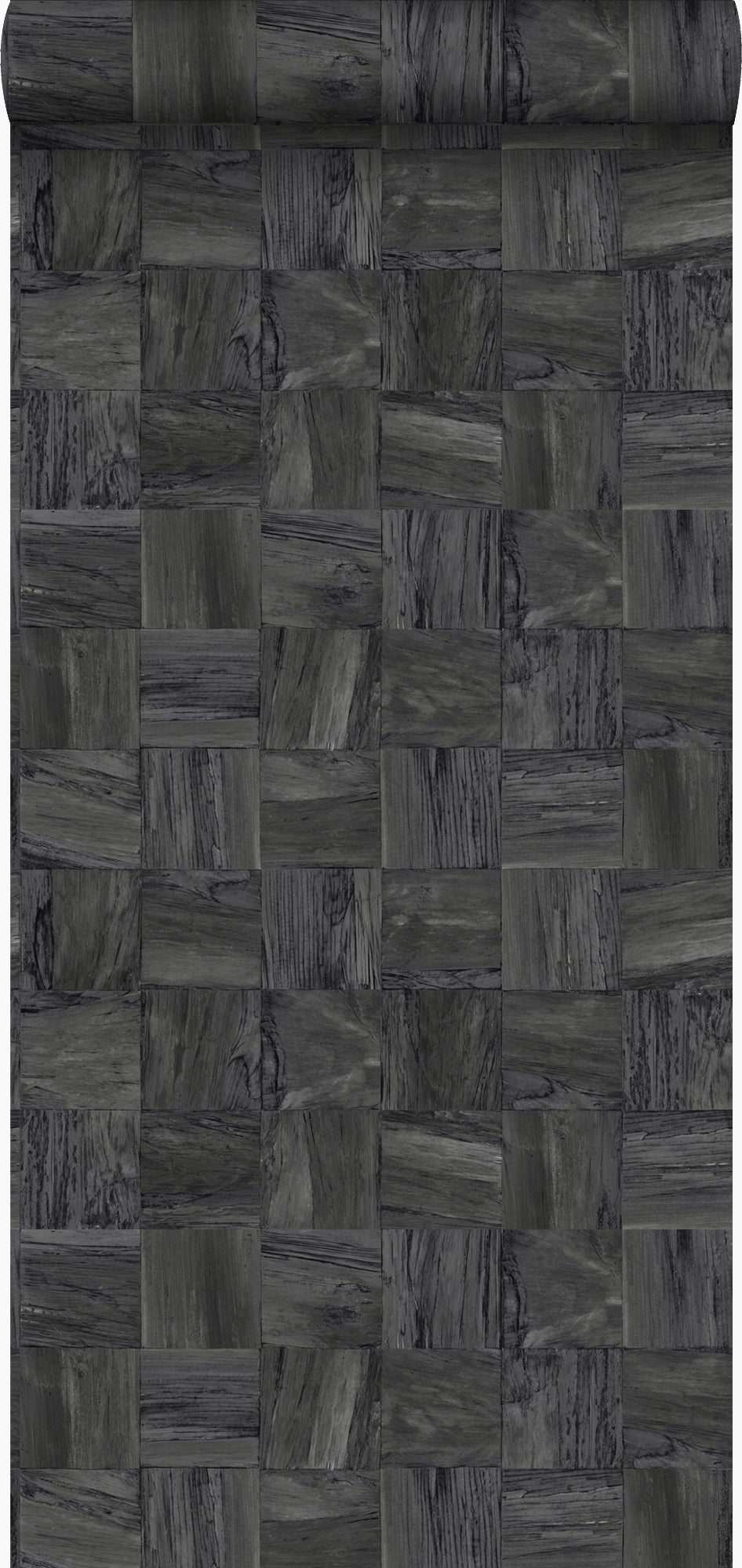 Papel pintado con textura eco pedazos cuadrados de madera de desecho recuperada negro oscuro - 53 cm x 10,05 m - origin wallcoverings