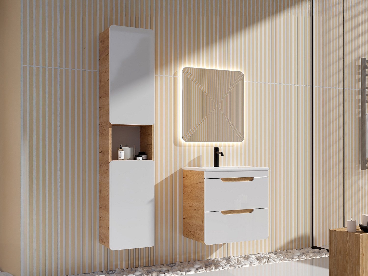 Szafka łazienkowa wisząca z umywalką wpuszczaną w blat i słupkiem - Naturalny i biały - 60 cm - ARUBA