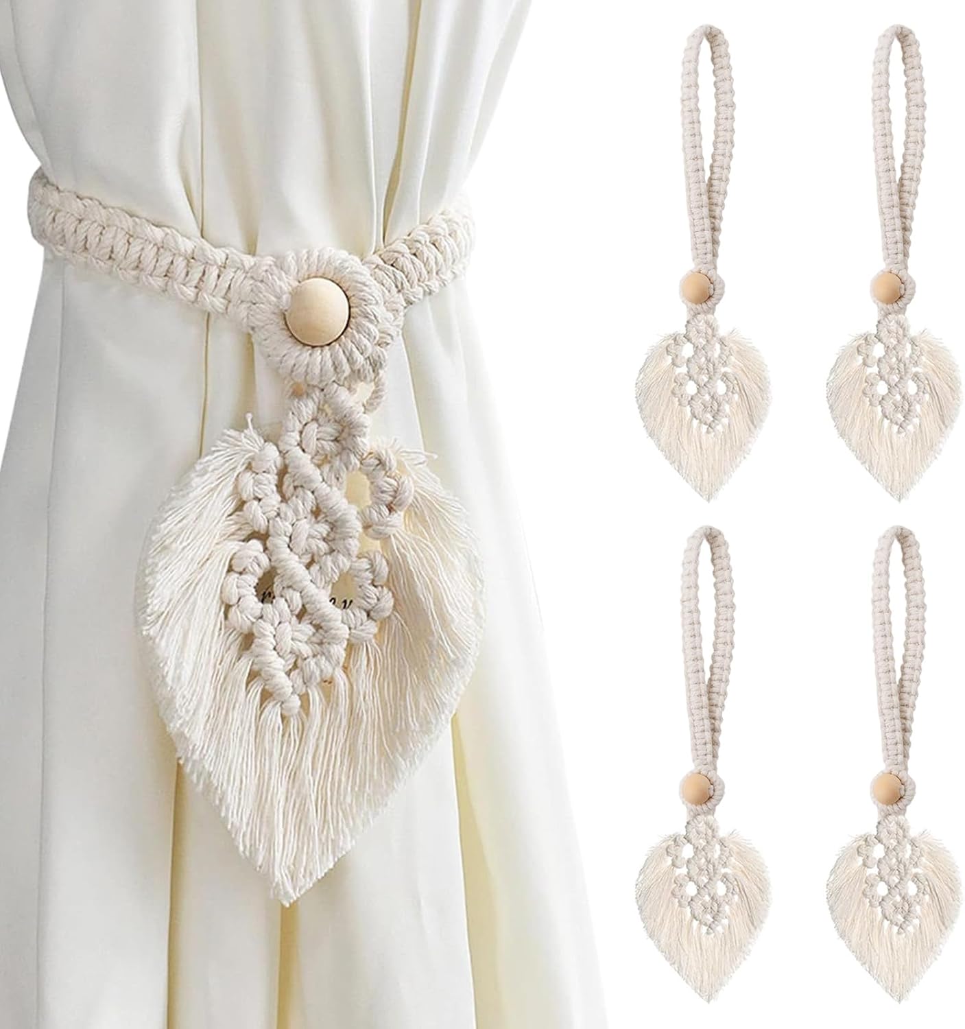 Rideau Salon Chambre Embrasses Rideaux Boho ANBOWEI - Lot De 4, Corde Coton Avec Perles Bois - Style Macramé Beige Décoration Macramé Main