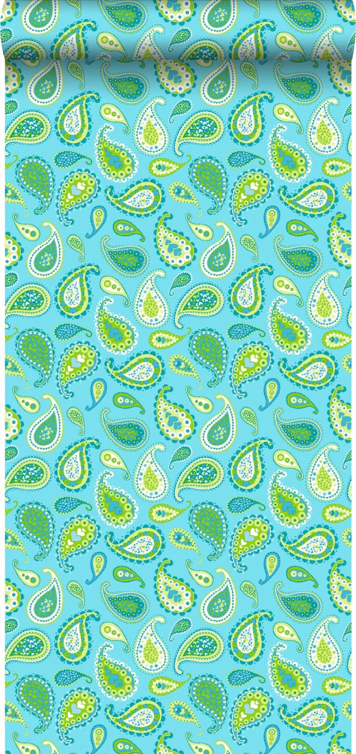 Papel pintado paisley cachemir turquesa y verde limón - 53 cm x 10.05 m - estahome