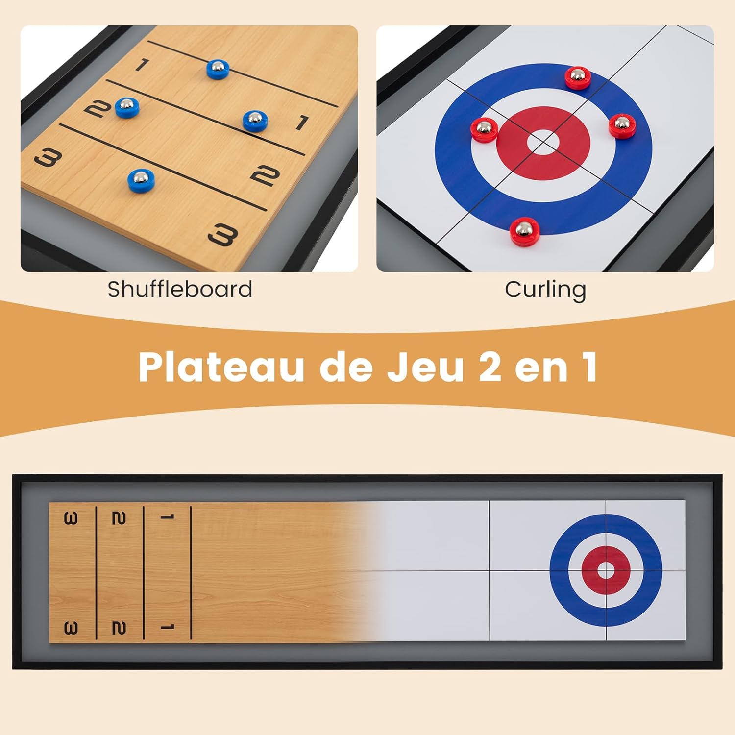 Shuffleboard et Curling, Table Air Hockey Portable 2 en 1 avec 8 Disques, Rainures Antidérapantes, Table Multijeux pour Adultes,Fête de Famille - 3