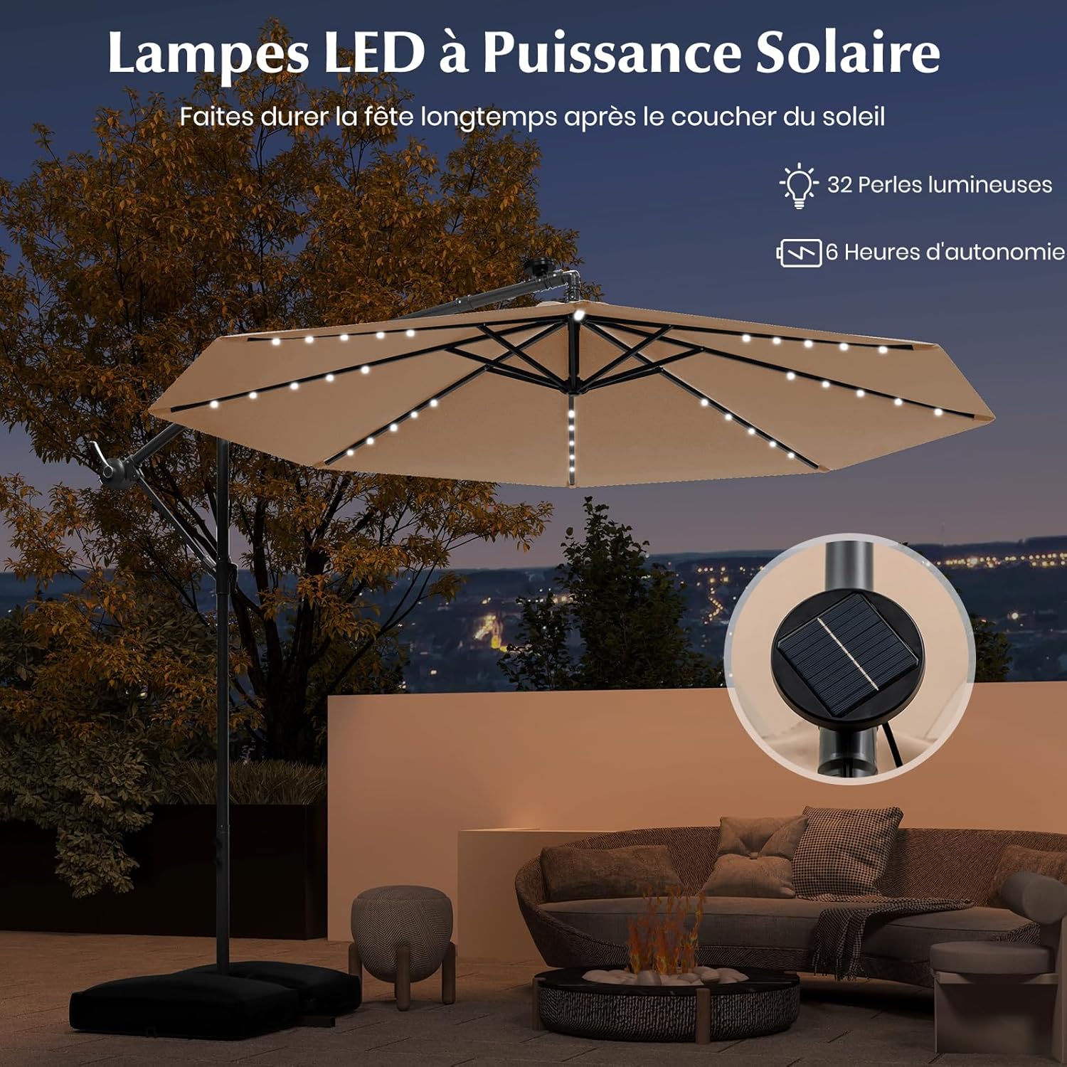 Parasol Déporté Ø300CM Parasol de Jardin Extérieur Inclinable 40 LED Solaires 8 Baleines, Grand Parasol avec Pied pour Terrasse Plage Cour (Beige) - 5