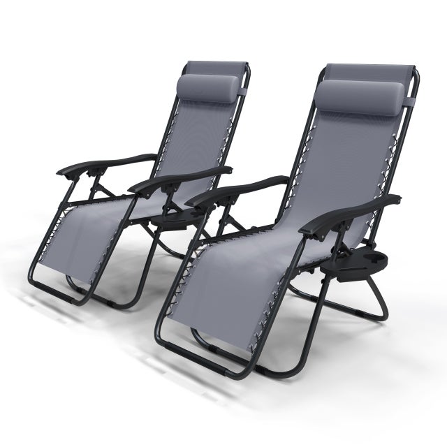 Chaise longue inclinable en textilene avec porte gobelet et portable gris Lot de 2 VOUNOT®