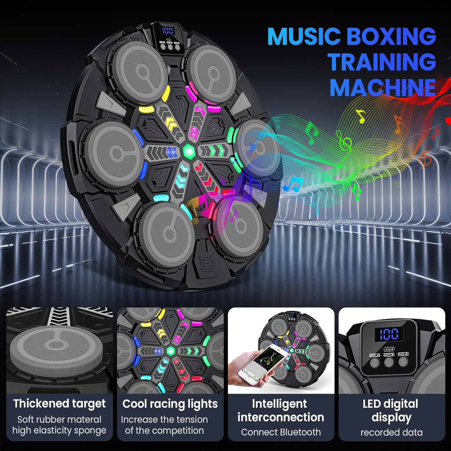 Machine de Boxe Musicale, 2025 Nouvelle Boxe Mural Musique avec Gants de Boxe, Connexion Bluetooth, Lumières LED Colorées, Réglage à 5 Vitesses - 3