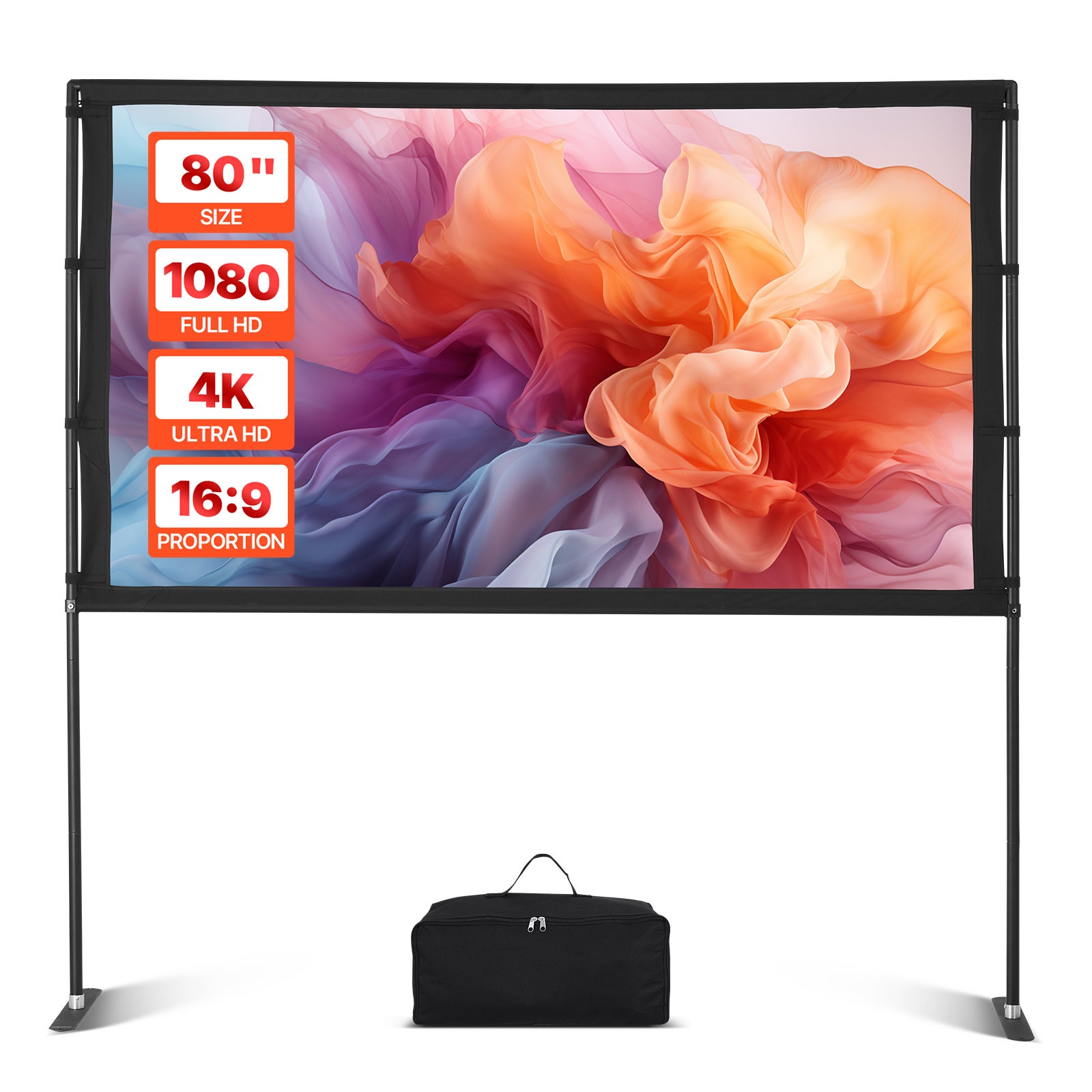 Ecran VEVOR 80 inch (203,2 cm) 16:9 cu 2 suporturi, ecran 4K HD portabil și anti-șifonare, unghi de 160°, cu geantă de transport