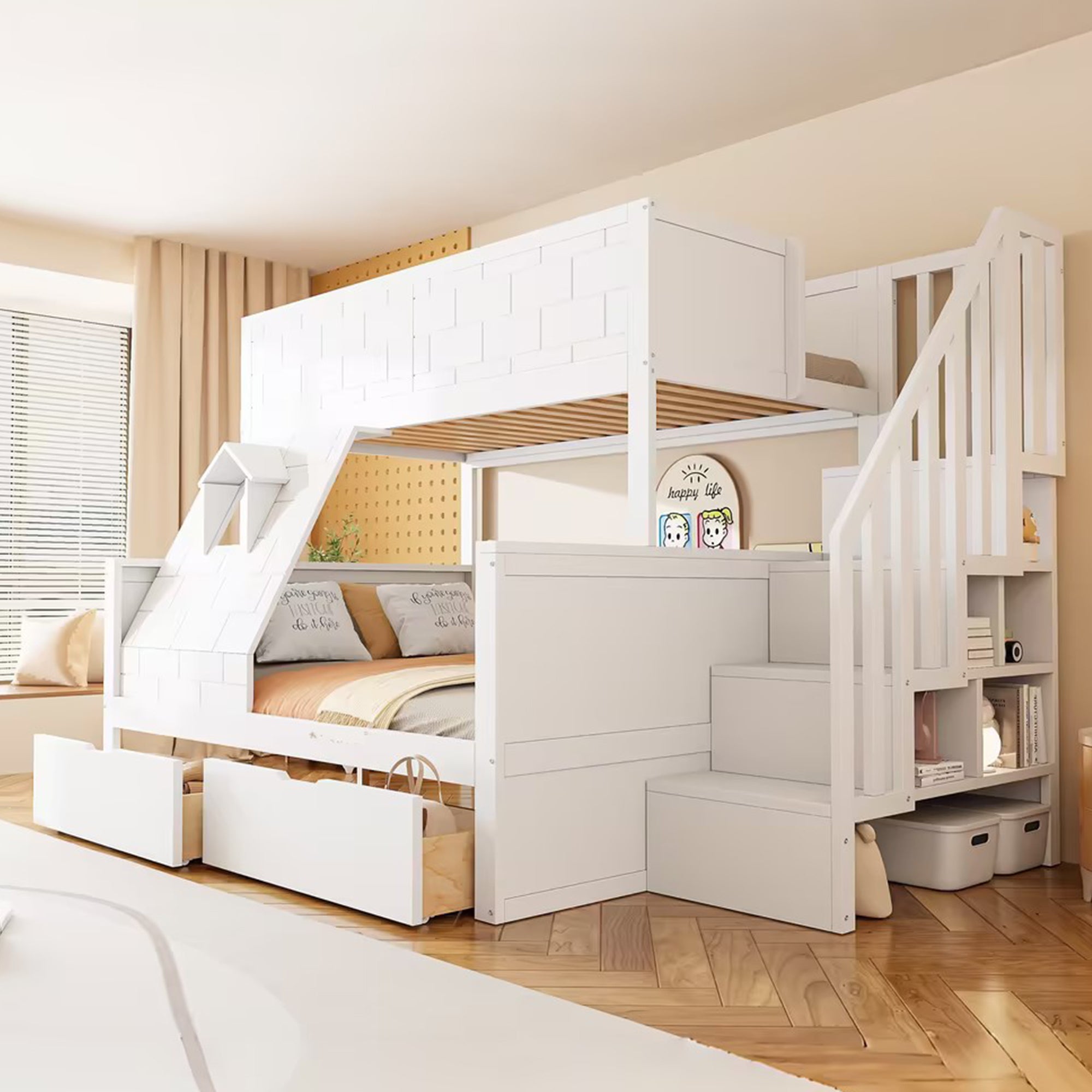 Łóżka piętrowe 90 x 200 cm + 140 x 200 cm z 2 szufladami i przegródkami - Sosna + sklejka + MDF - Białe (Materac nie jest wliczony w cenę)