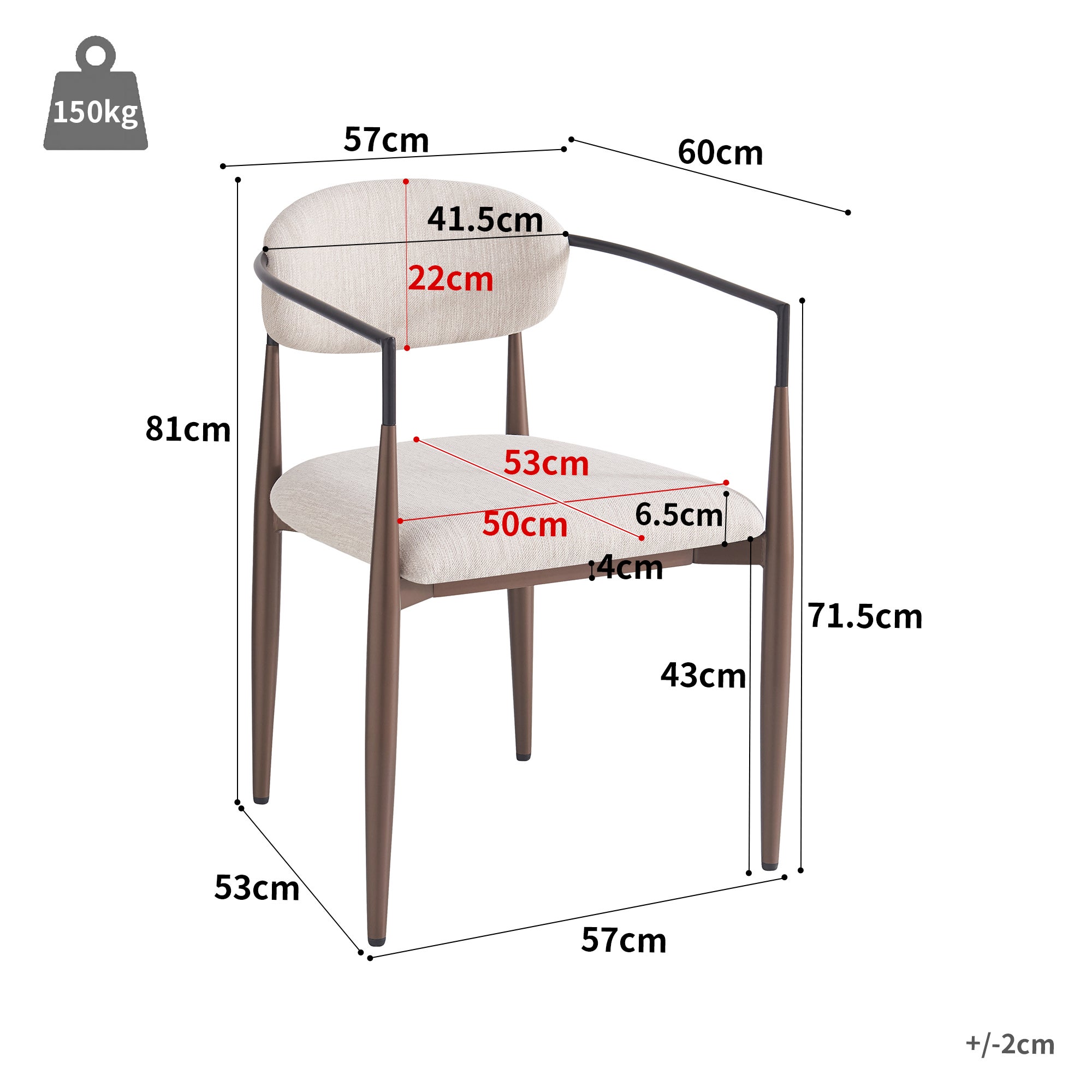 Lot de 2 chaises de salle à manger avec accoudoirs - 57 x 60 x 81 cm - Tissu en lin et pièds en métal - Beige - 2