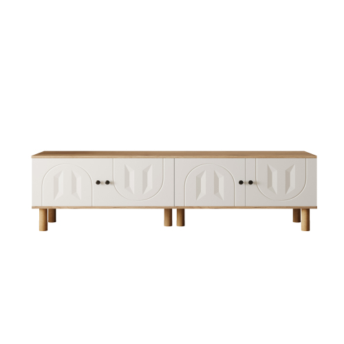 Mobile TV modulare a 3 pezzi con vetrine intagliate, mensole a muro e ampi contenitori in legno/bianco - 4