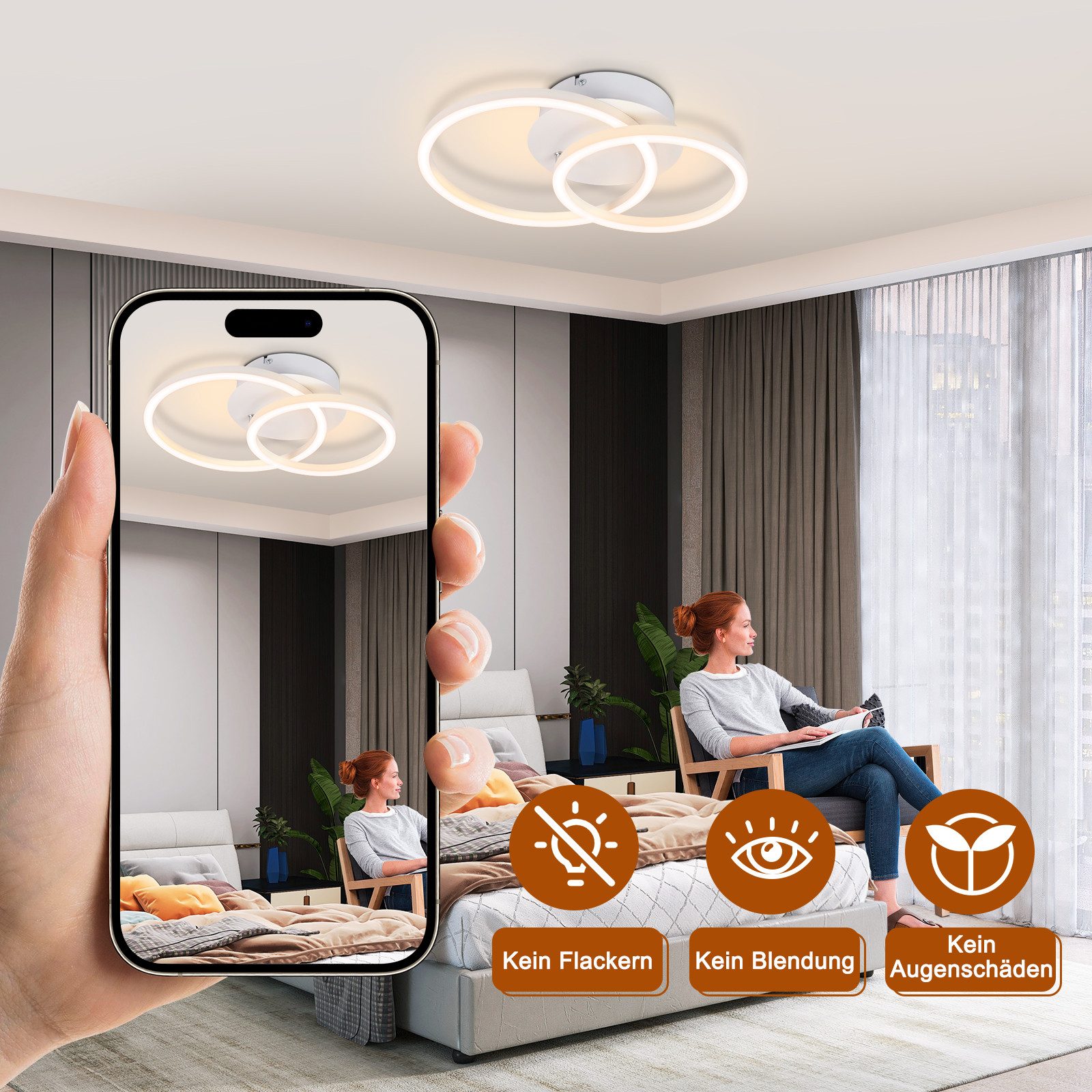 NETTLIFE Plafón LED 2 Anillos Blanco Giratorio Diseño Redondo Moderno 24W 3000K - 3