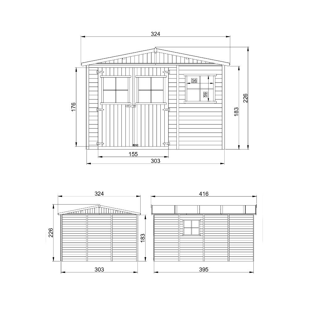 Abri de Jardin en Bois Naturel - Stockage extérieur avec fenêtres- H226x324x416 cm/12 m² hangar en bois naturel - TIMBELA M336 - 8