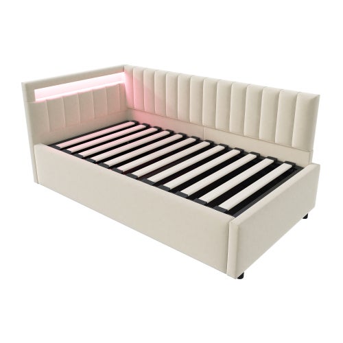 Canapé-lit 90 x 200 cm avec LED, espace de rangement, sommier à lattes, en velours, beige, sans matelas - 6