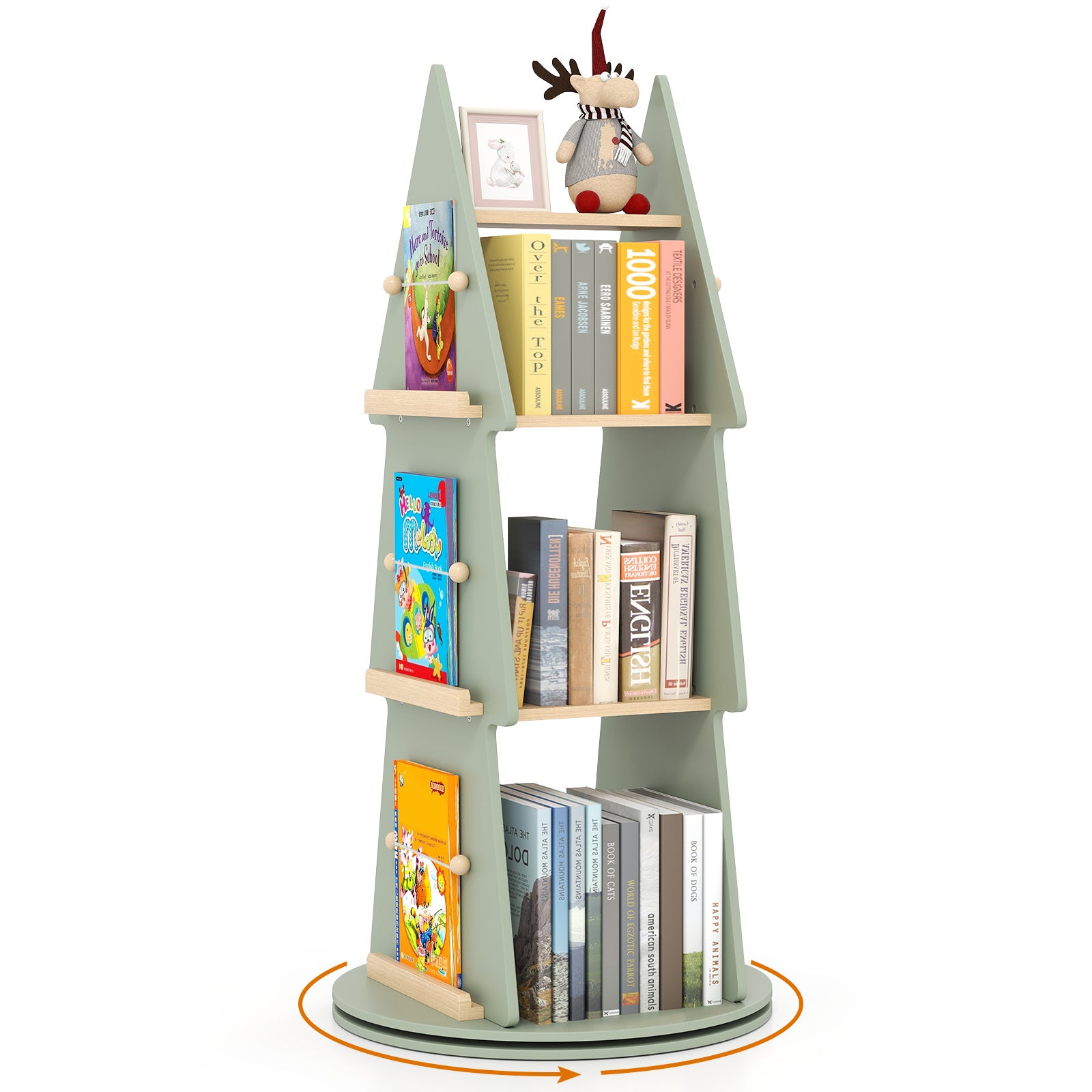 Libreria Per Bambini A Forma Di Albero Girevole - Scaffale 5 Ripiani, 360&deg;, Beige/Verde, Per Giocattoli E Libri