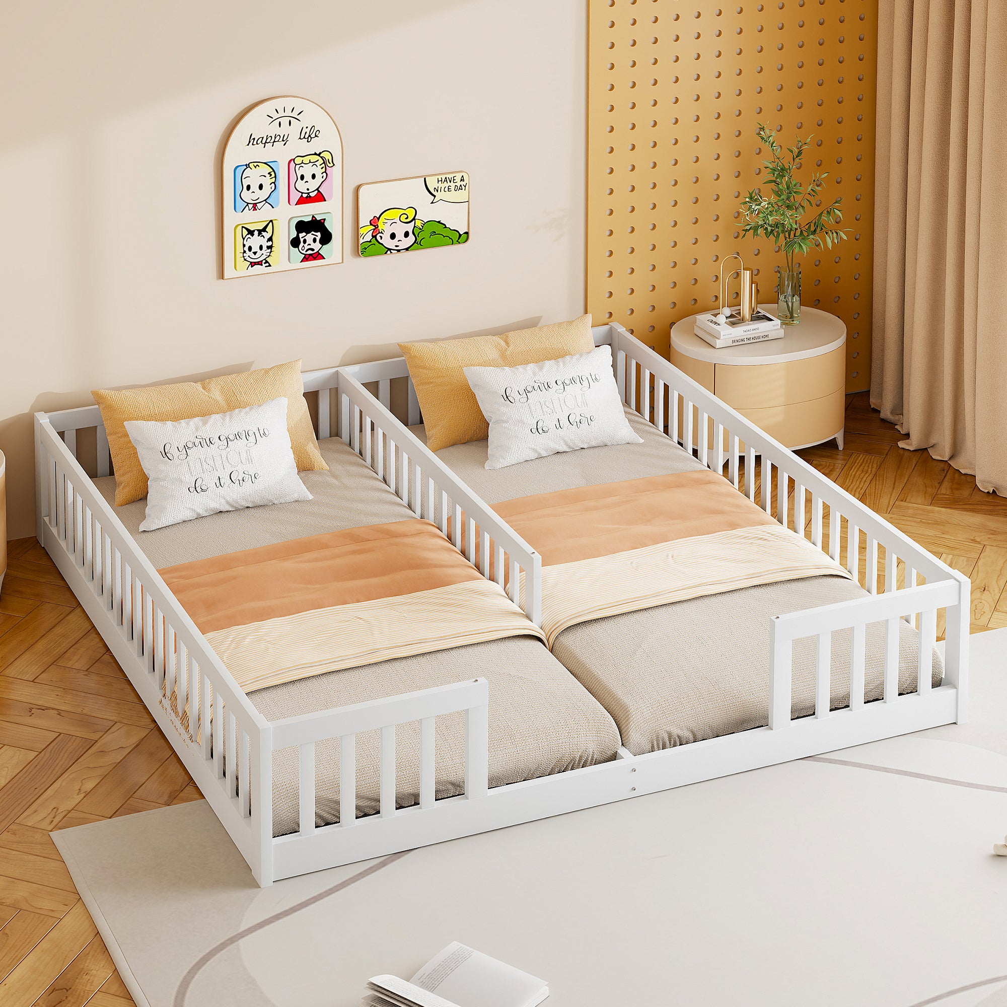 Lit enfant 2 x 90 x 200 cm avec barrières - Bois de pin + MDF - Style simple - Blanc (sans sommier et matelas) - 3