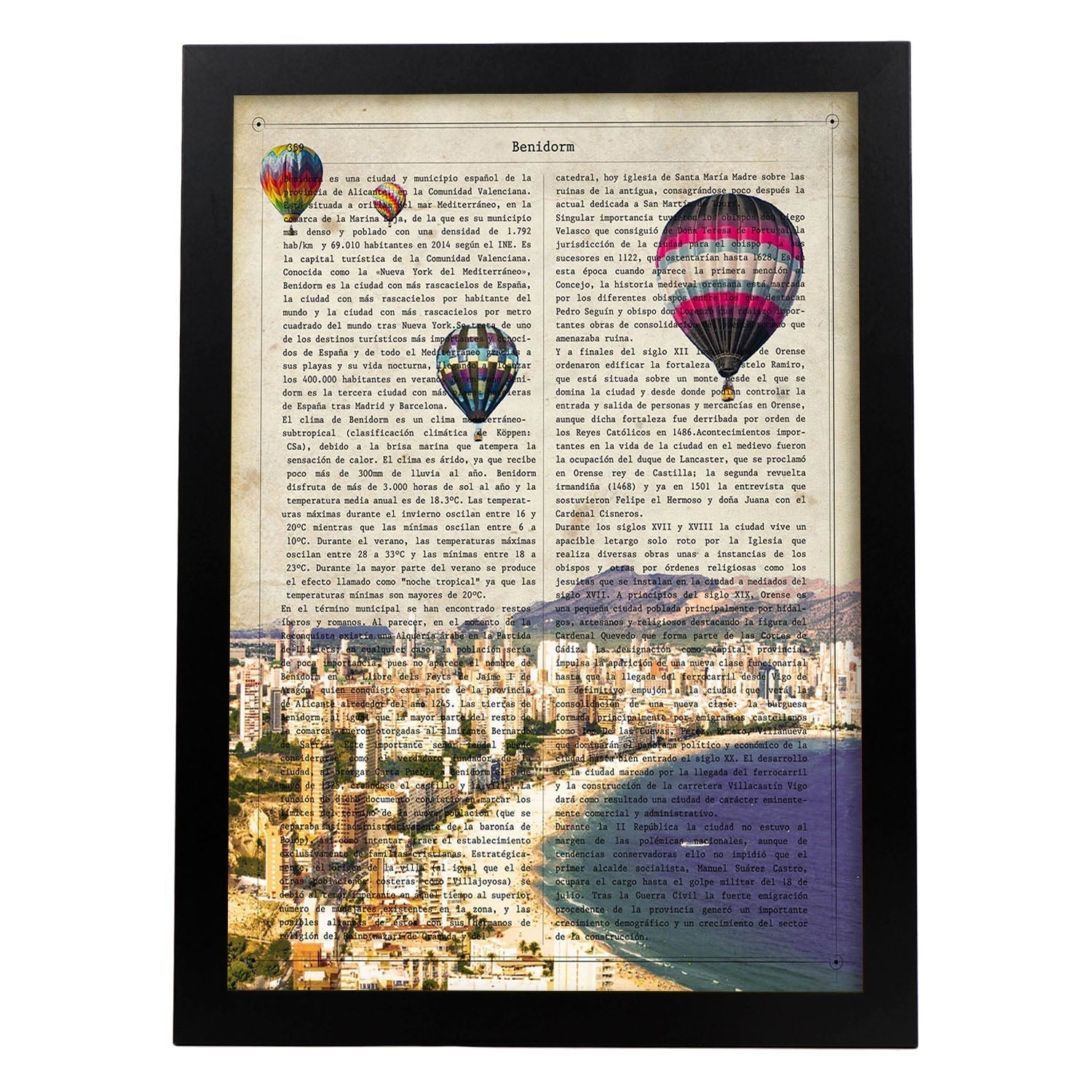 Poster de benidorm. láminas de ciudades espanolas con definiciones. decoracion de interiores para espanoles. marco madera clara - a3