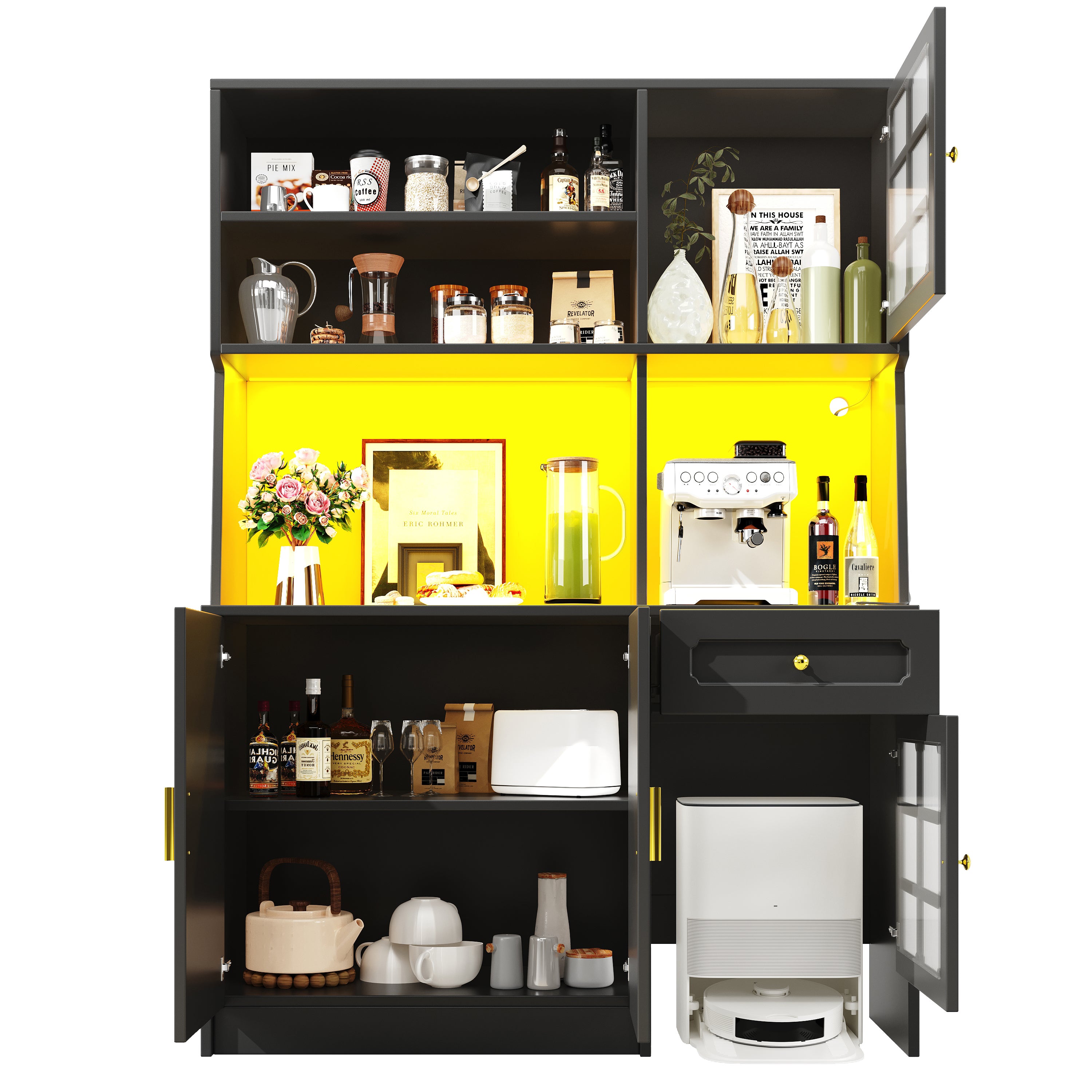 Buffet de cuisine avec 4 portes et 1 tiroir, vitrine - 130 x 45 x 180 cm - LEDs - MDF et verre - Noir - 6