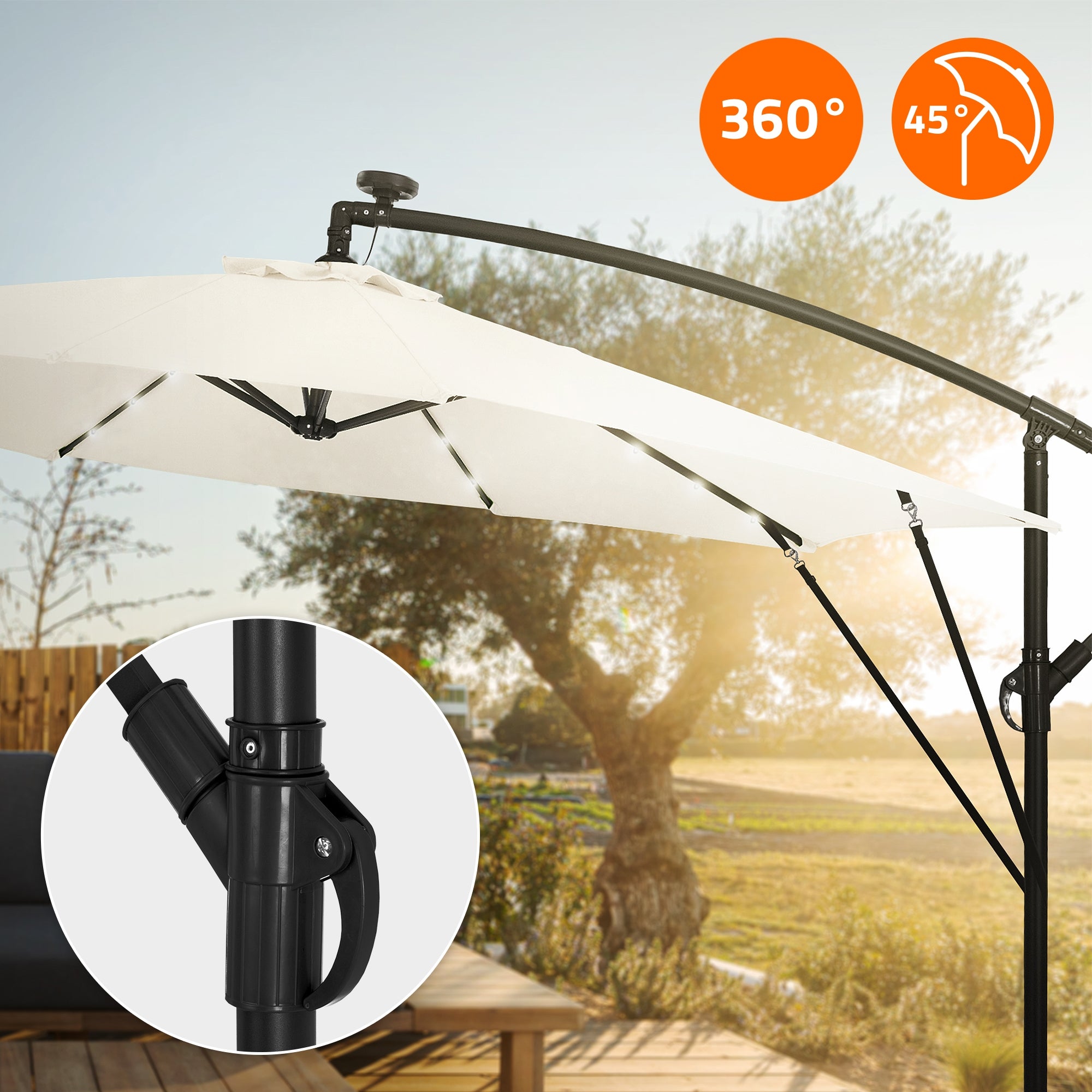 Parasol déporté avec LED intégré Ø 300 cm beige en aluminium à manivelle protection UV50+ imperméable meuble jardin inclinable et pivotant 360° - 3
