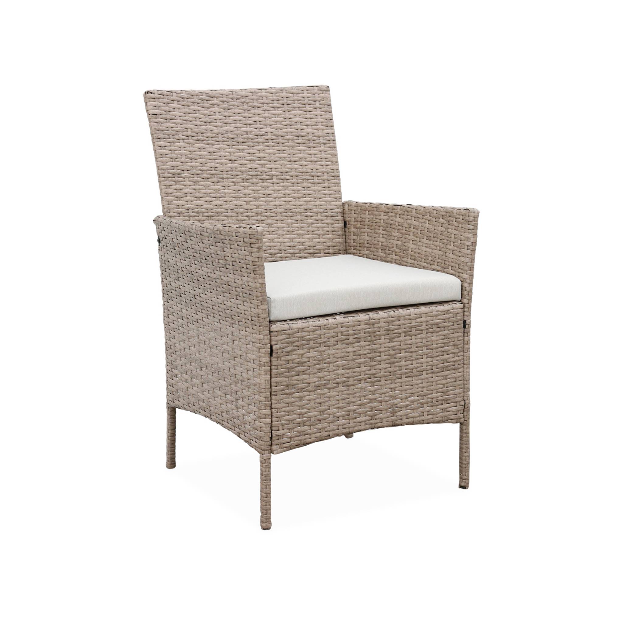 Salon de jardin en résine tressée - Moltès - Naturel. Coussins beiges - 4 places - 1 canapé. 2 fauteuils. une table - 6