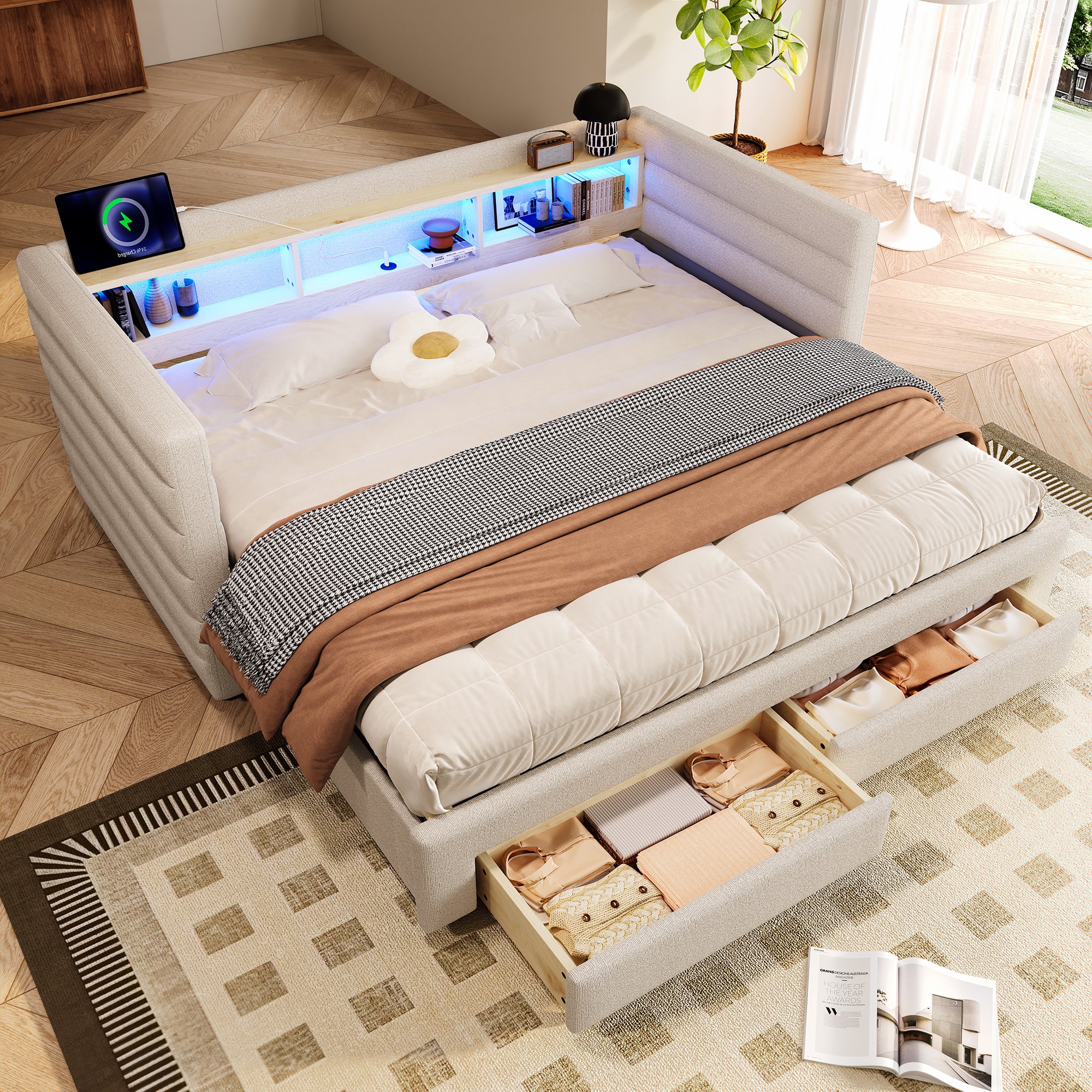 Sofa rozkładana 90x190 cm - z łóżkiem chowanym - z portami USB + Type-C - z 2 szufladami - listwa świetlna LED - beżowy (materac nie jest dołączony)