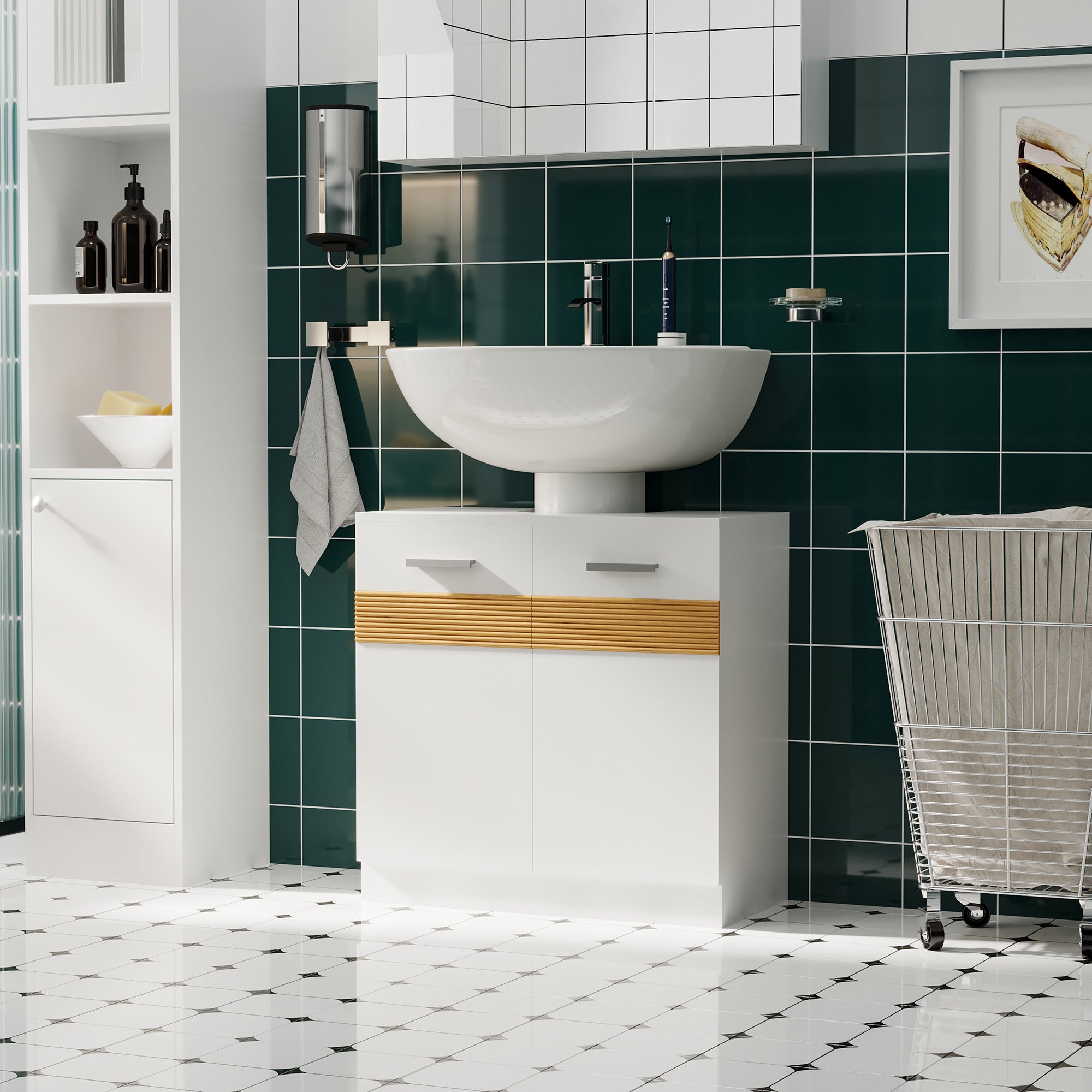 kleankin Mobile Sotto Lavabo Bagno, Mobiletto Bagno Sottolavandino con Antine in Legno Bianco, 60x30x60.5cm - 2