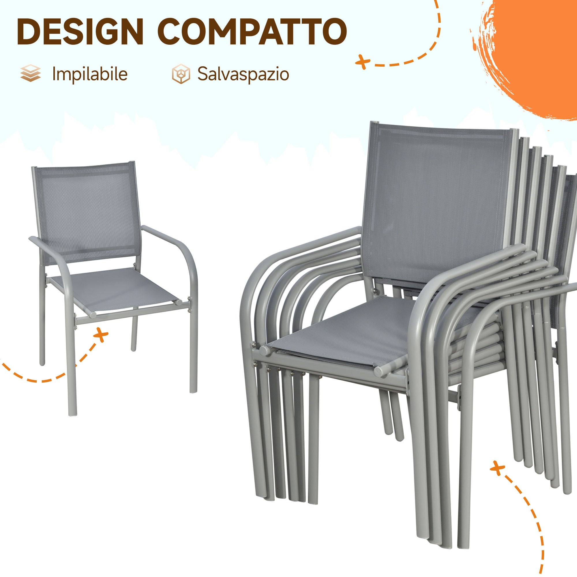 Outsunny Set da Giardino con Tavolo in Vetro Temperato e 6 Sedie con Tessuto a rete, Grigio - 5