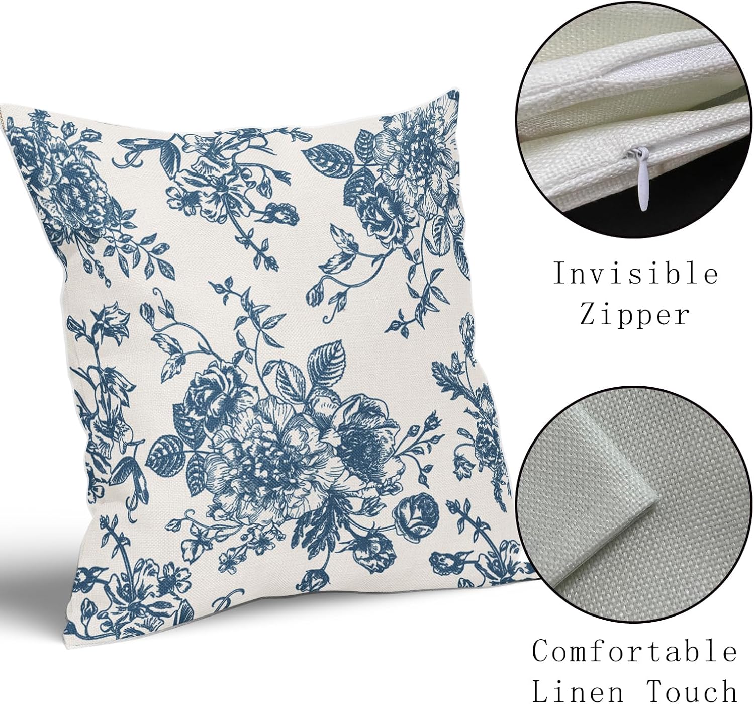 Lot de 2 housses de coussin vintage à motif floral bleu océan et crème 50,8 x 50,8 cm, taies d'oreiller rustiques pour canapé, décoration d'intérieur - 4