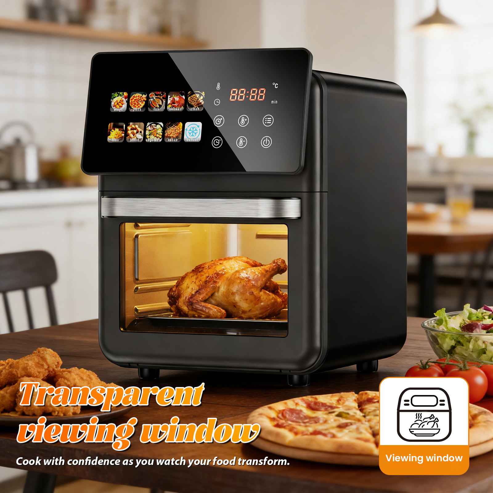Four à air intelligent 10L écran tactile 12 programmes cuisson saine sans huile grande capacité famille 5-6 fenêtre transparente air chaud - 6