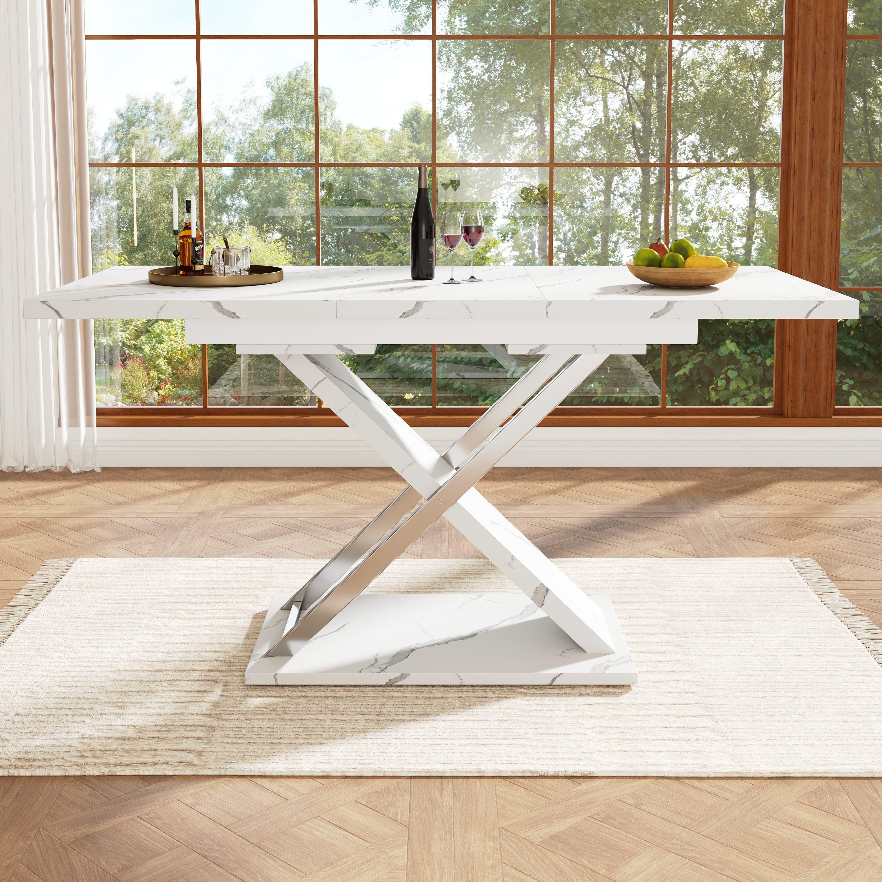 Table à manger extensible 4 à 6 couverts - 118/157 x 70 x 75 cm - Plateau en aspect marbre - MDF et métal - Blanc - 2