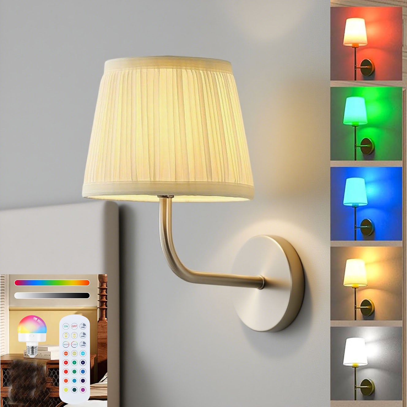 Bezprzewodowa lampa ścienna LED z żarówką i pilotem, zasilana bateryjnie, lampa ścienna z tkaniny, 15 kolorów, timer, do sypialni i salonu – srebrna