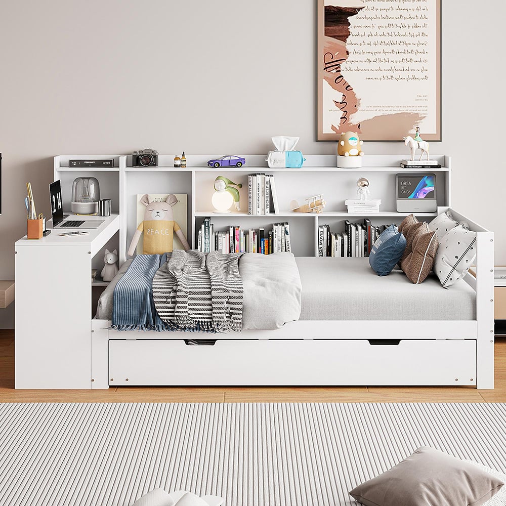 Sofa rozkładana z litego drewna, 90*200 cm, z biurkiem, półkami, schowkami, z gniazdkami elektrycznymi, rozkładanym łóżkiem pod spodem, biała