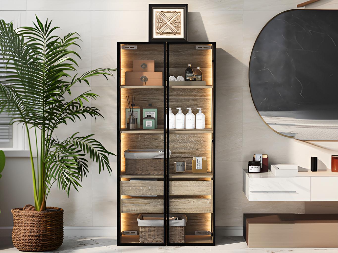 Modernluxe  Vitrina Mueble De Baño Con Led, 2 Cajones Grandes Y 2 Puertas De Cristal, Natural Marrón/Claro/Claras , Leroy Merlin