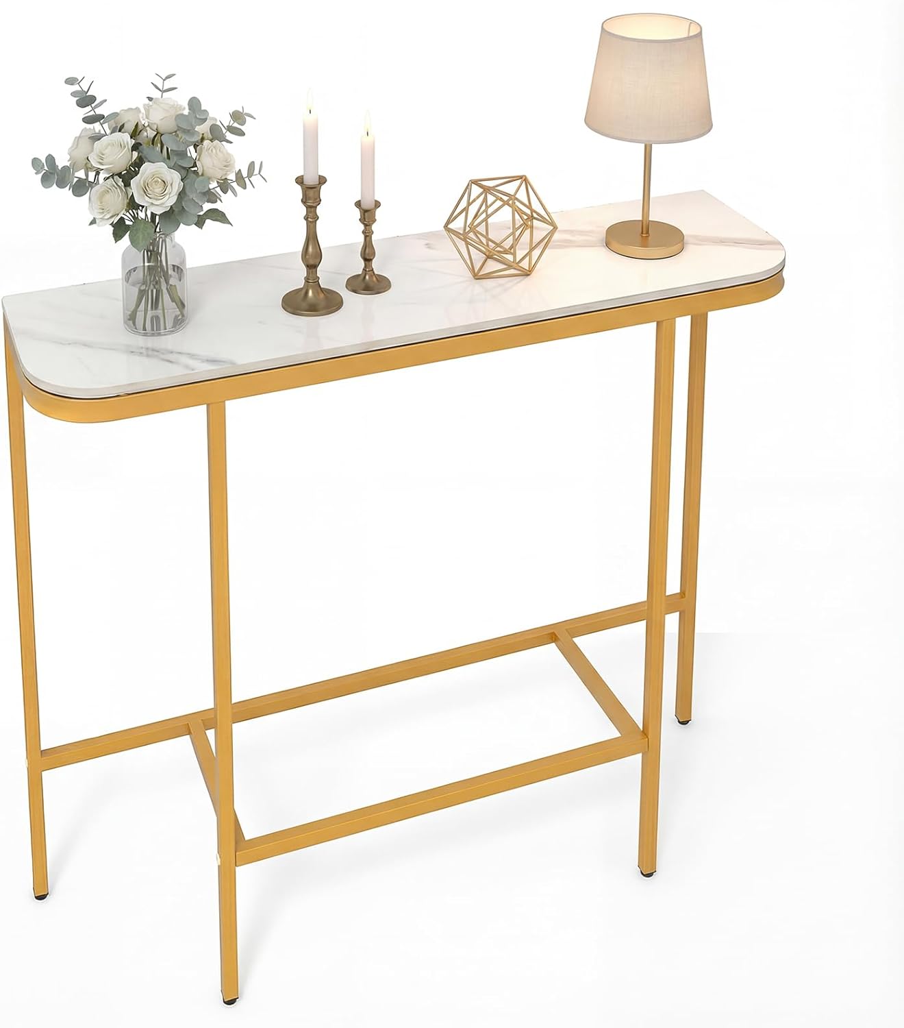 Table Console en Verre Trempé, Plateau Marbre Synthétique, Cadre ...