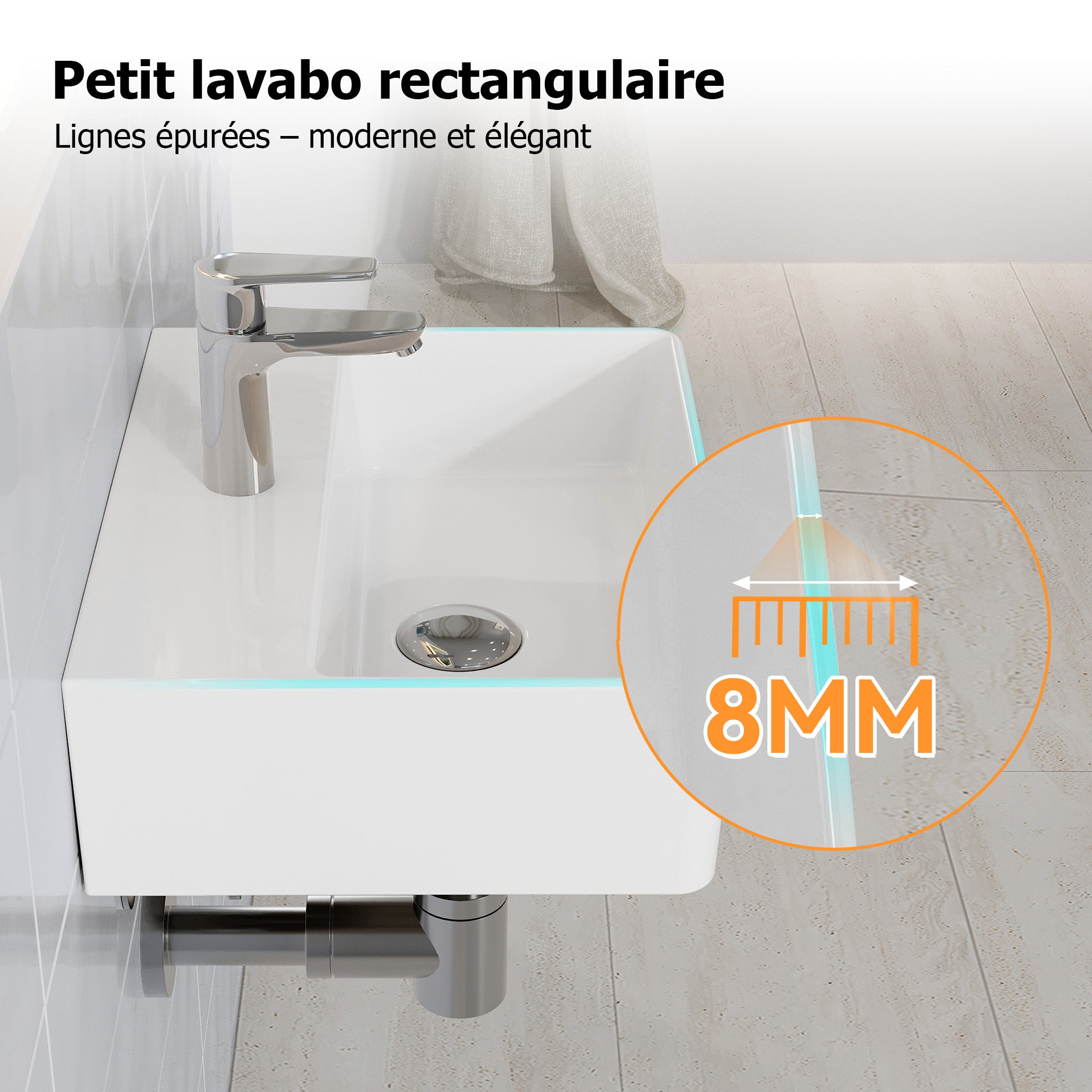 HOROW Lavabo sospeso in ceramica, rettangolare, con foro per rubinette, senza foro di troppo pienoo, per piccoli bagni per gli ospiti 39 x 30 cm - 3