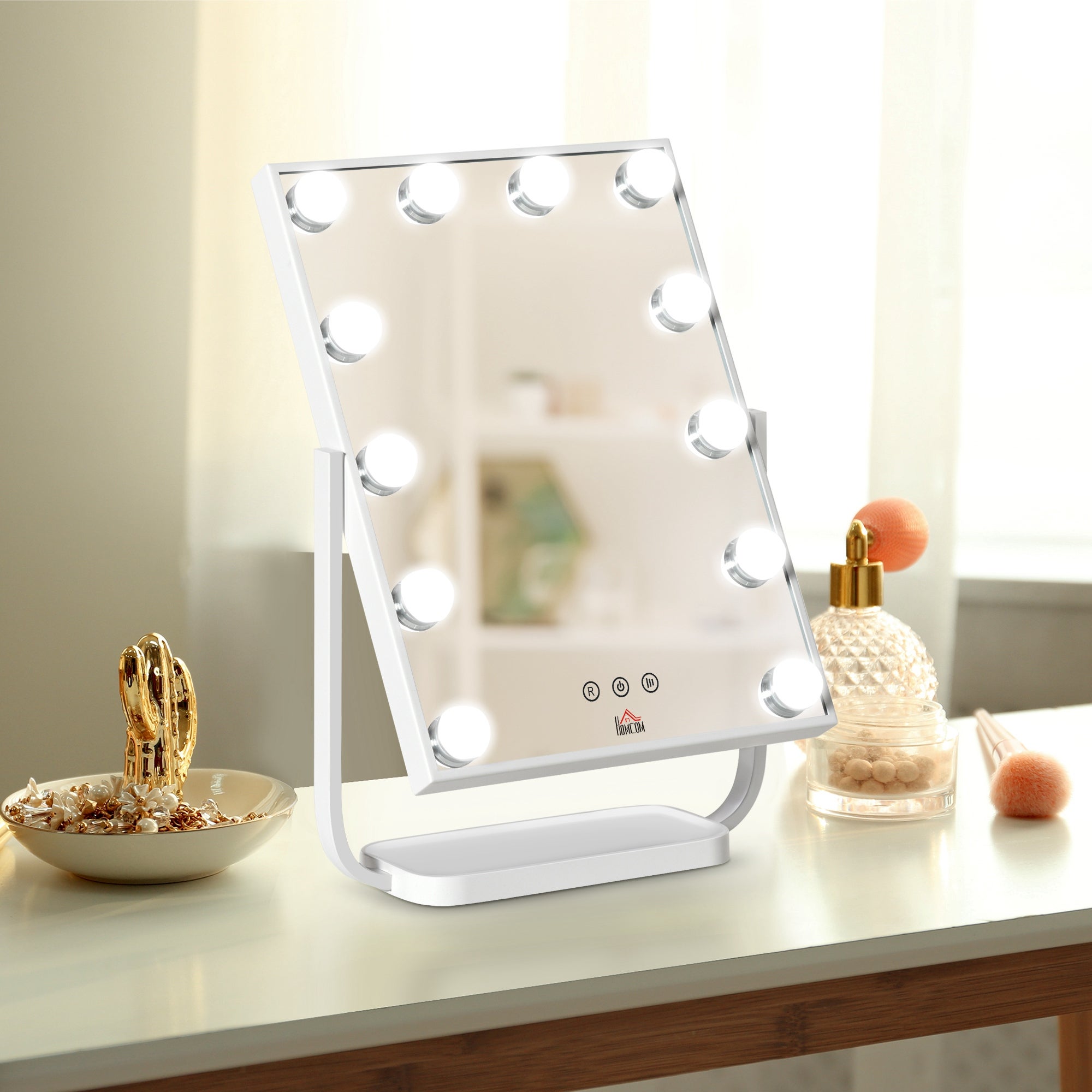 Miroir maquillage Hollywood léger 12 LED 3 modes, écran tactile lumineux réglable, fonction mémoire, chambre/salle bain, 32,8x11x47,4 cm, blanc - 4