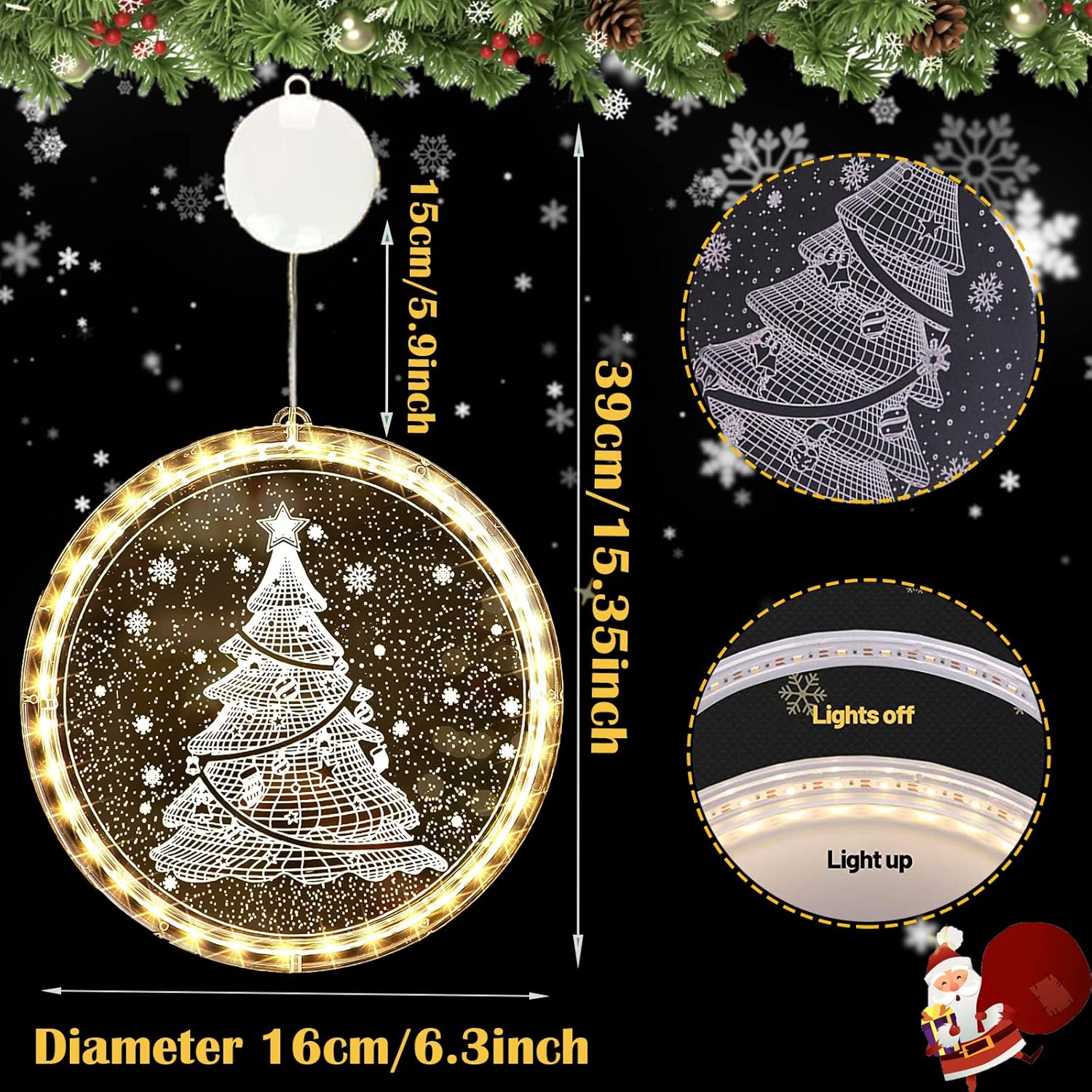 Luzes decorativas de Natal para janelas - Cordão de luzes para árvores de Natal, janelas internas e externas, decoração festiva de parede, branco quen - 2